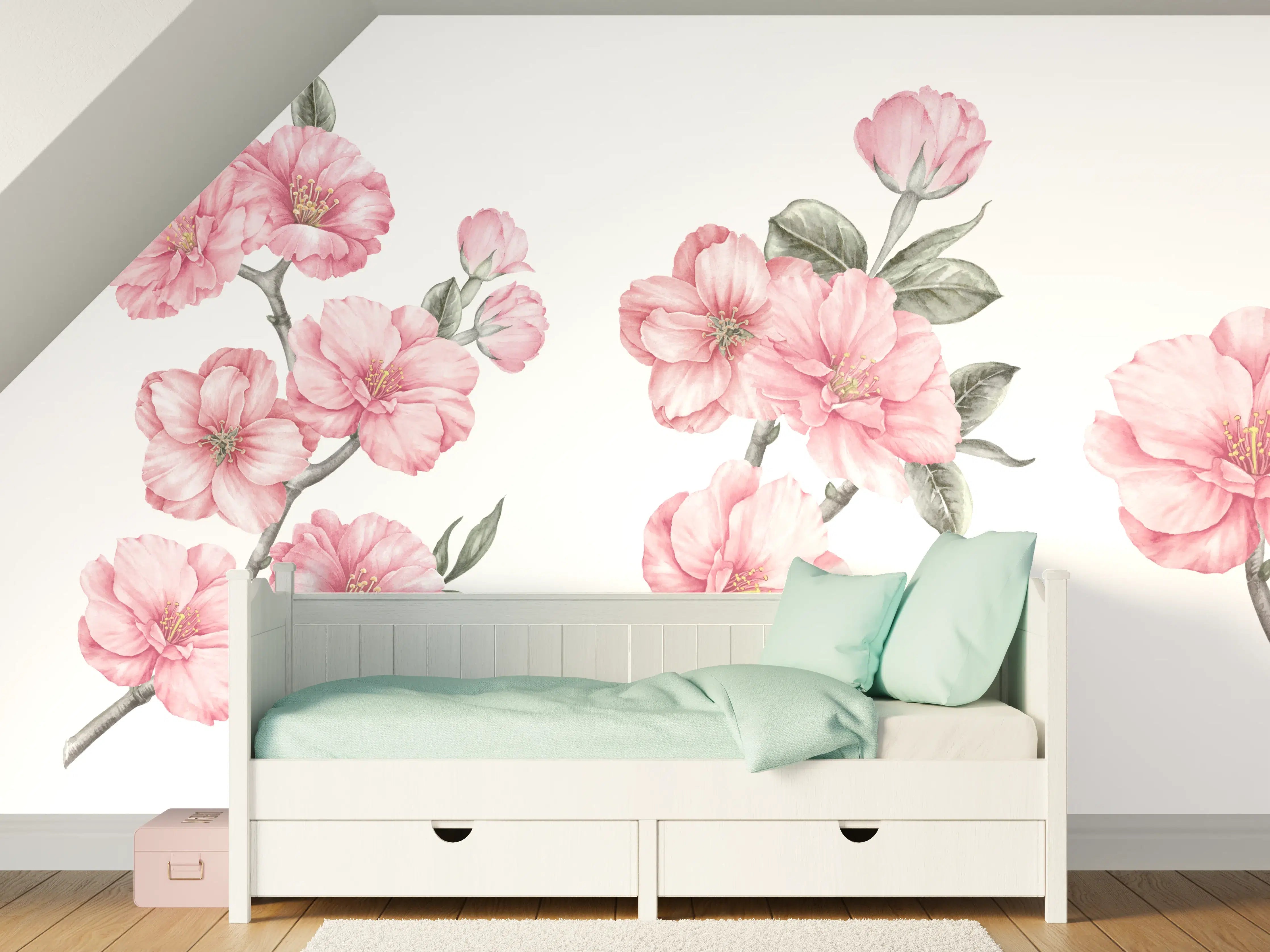 Kinderzimmer Wandgestaltung - Zarte Pinke Kirschblüten auf Weißem Hintergrund