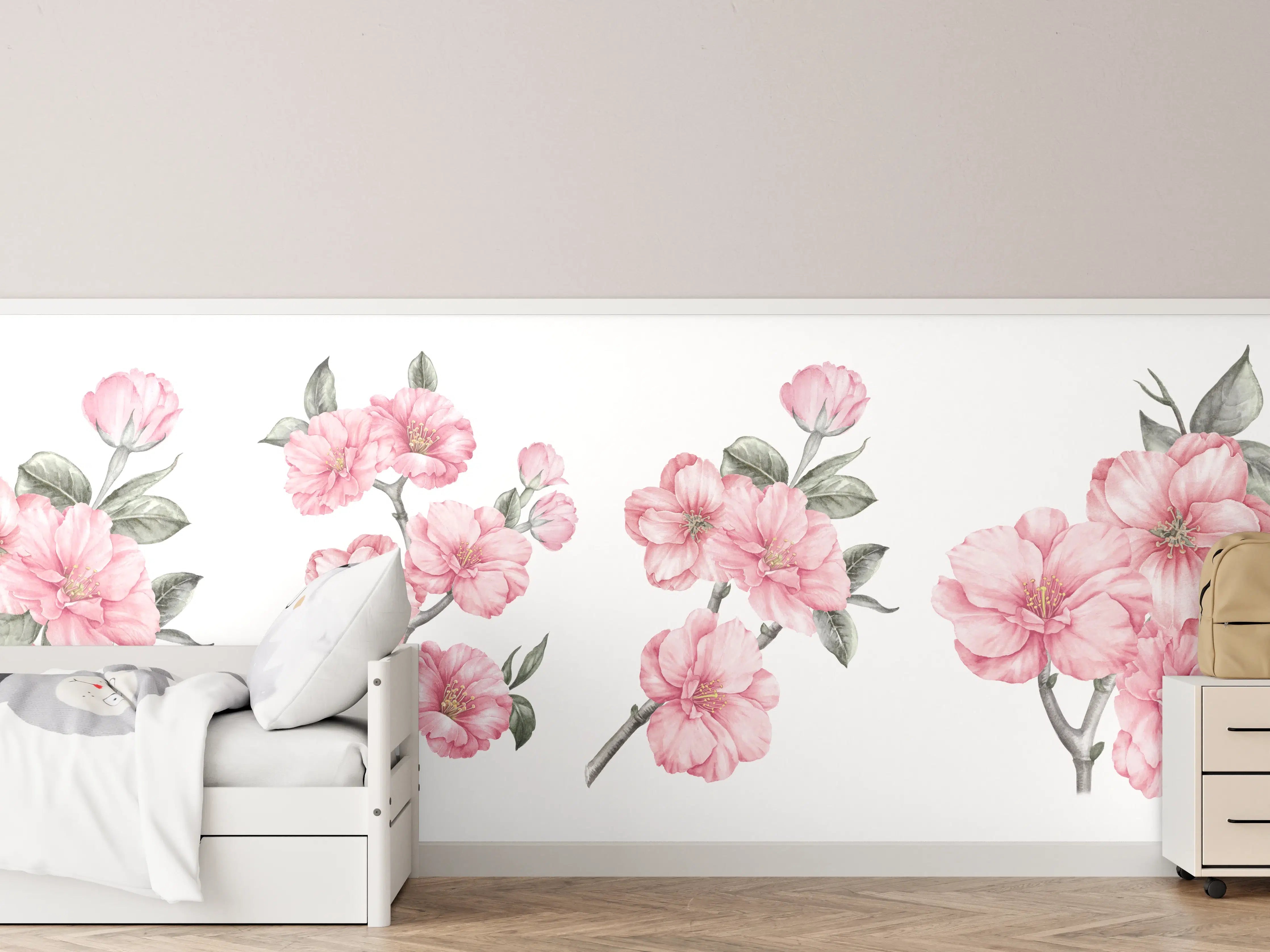Kinderzimmer Wandgestaltung - Zarte Pinke Kirschblüten auf Weißem Hintergrund