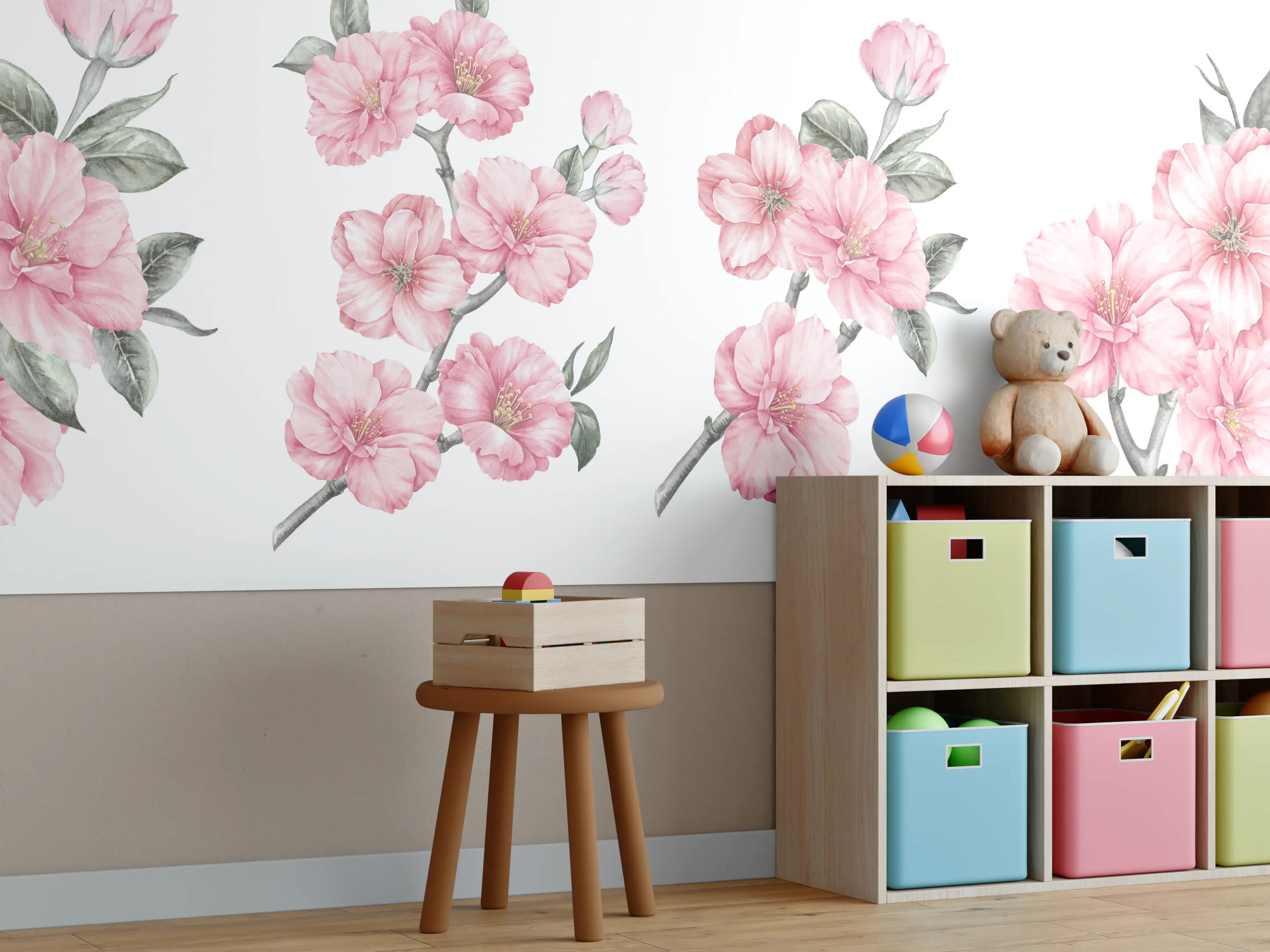 Kinderzimmer Wandgestaltung - Zarte Pinke Kirschblüten auf Weißem Hintergrund