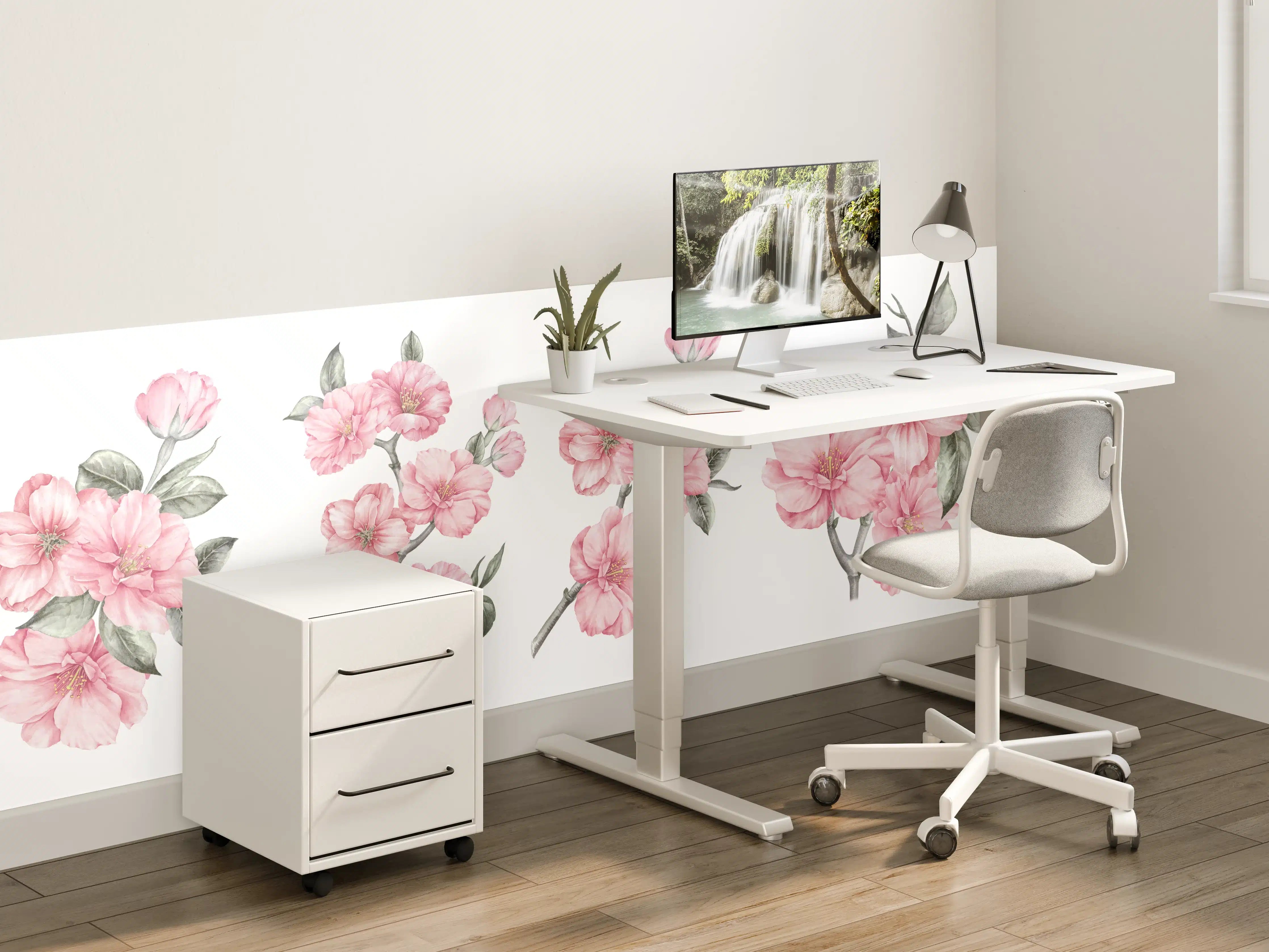 Kinderzimmer Wandgestaltung - Zarte Pinke Kirschblüten auf Weißem Hintergrund