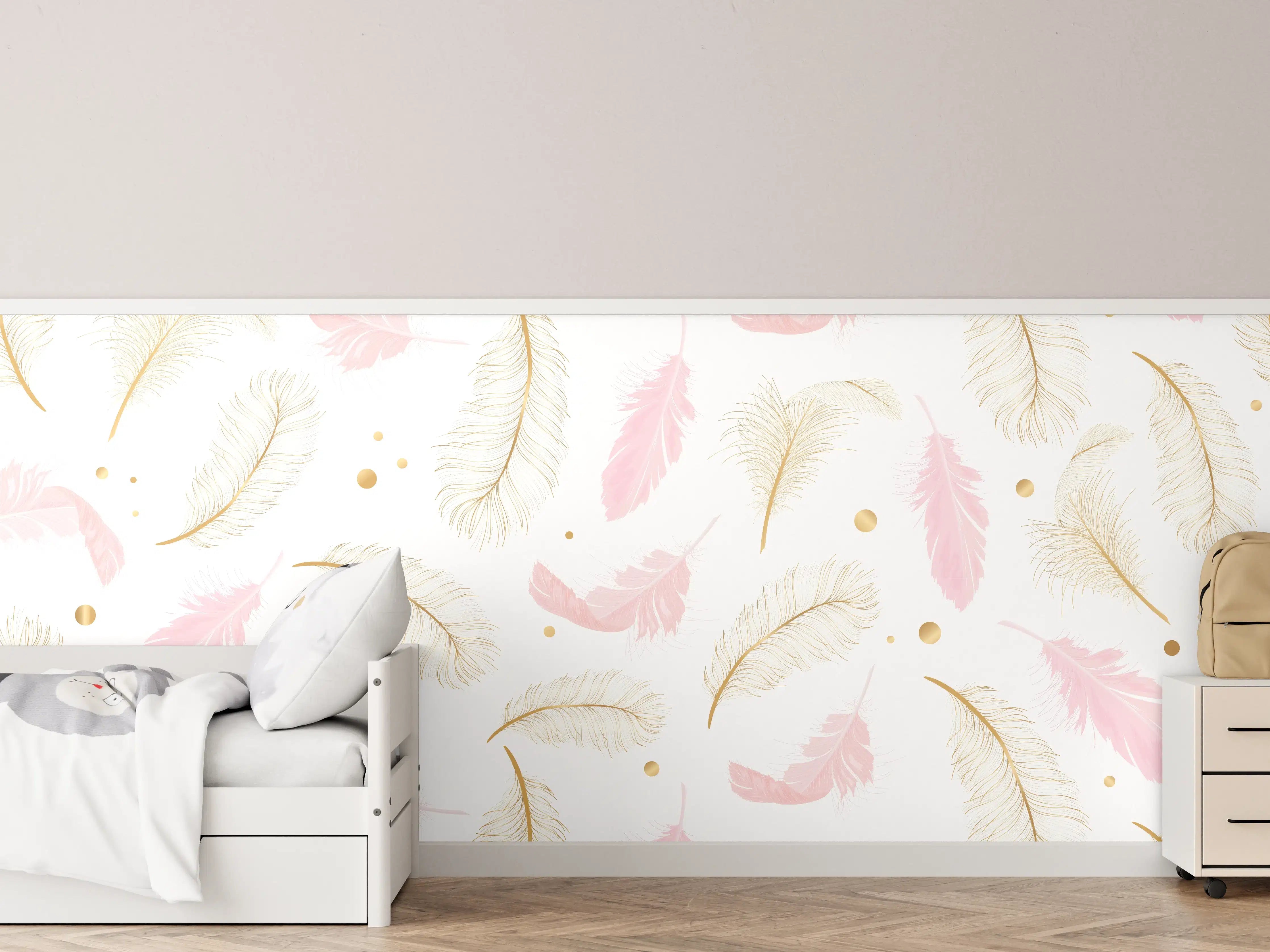 Kinderzimmer Wandgestaltung - Zarte Rosa-Gold Feder-Muster