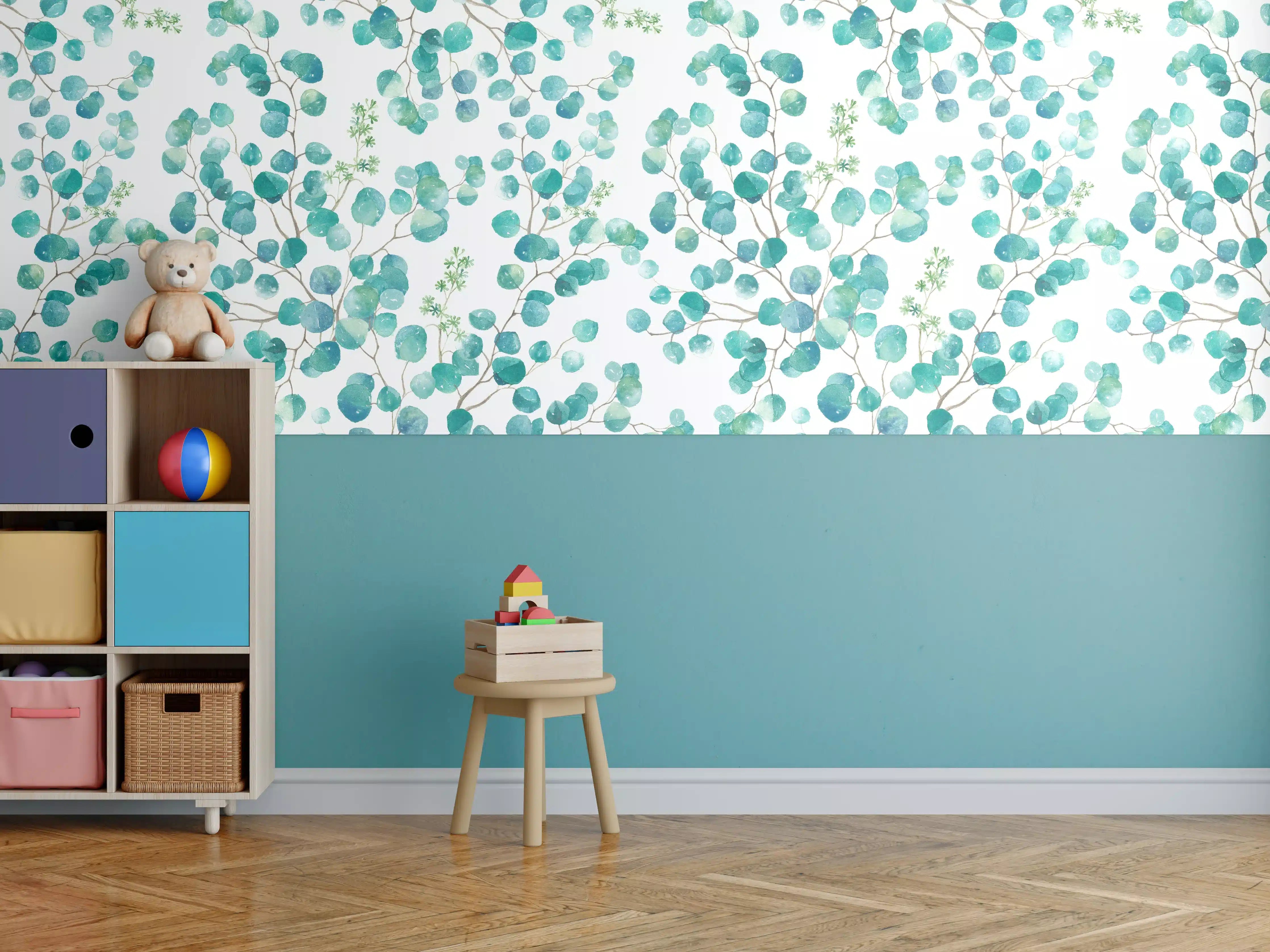 Kinderzimmer Wandgestaltung - Zarte Wasserfarben-Blätter im Pastellblau