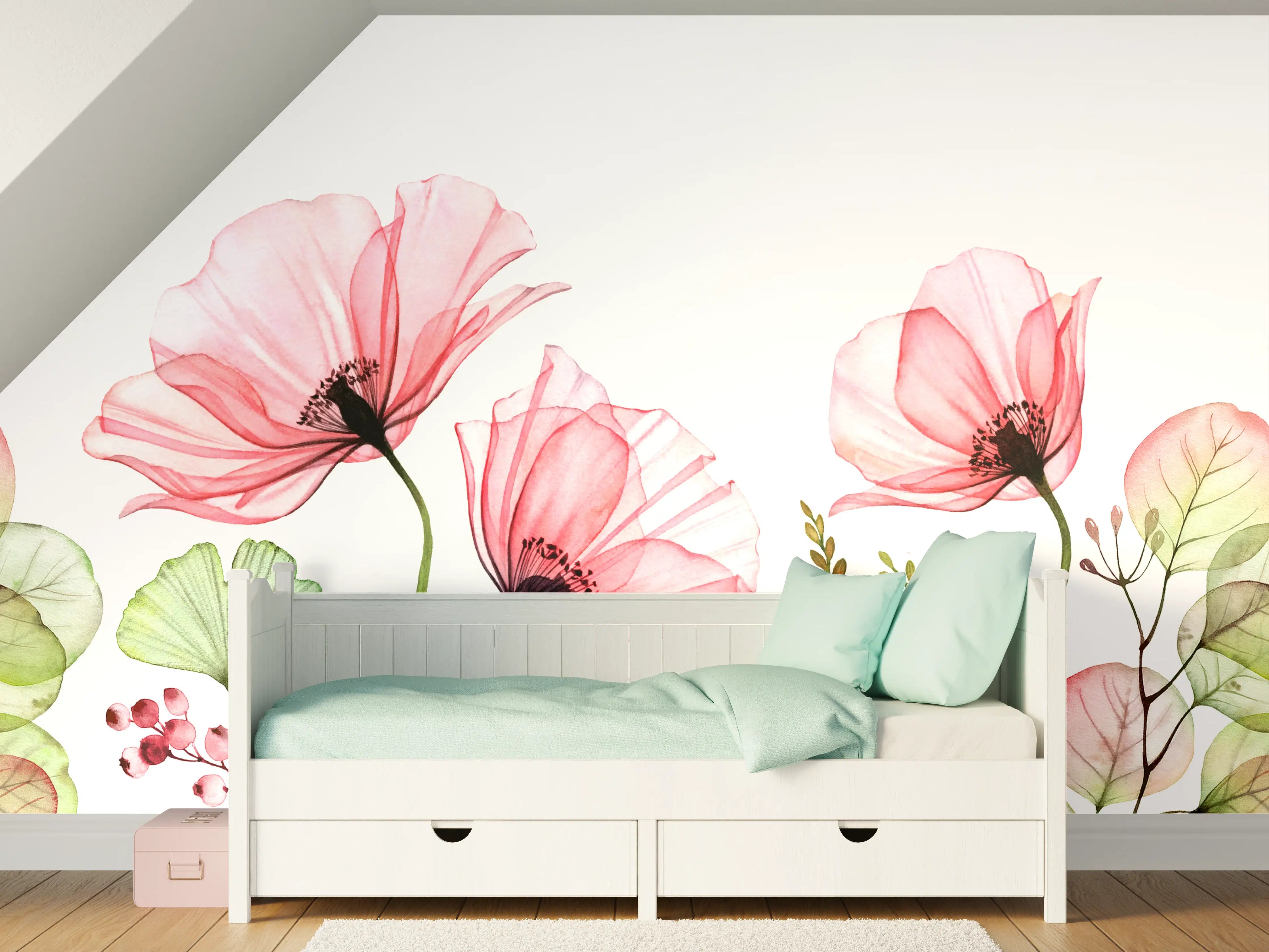Kinderzimmer Wandgestaltung - Zarte rosa Mohnblumen auf weißem Hintergrund