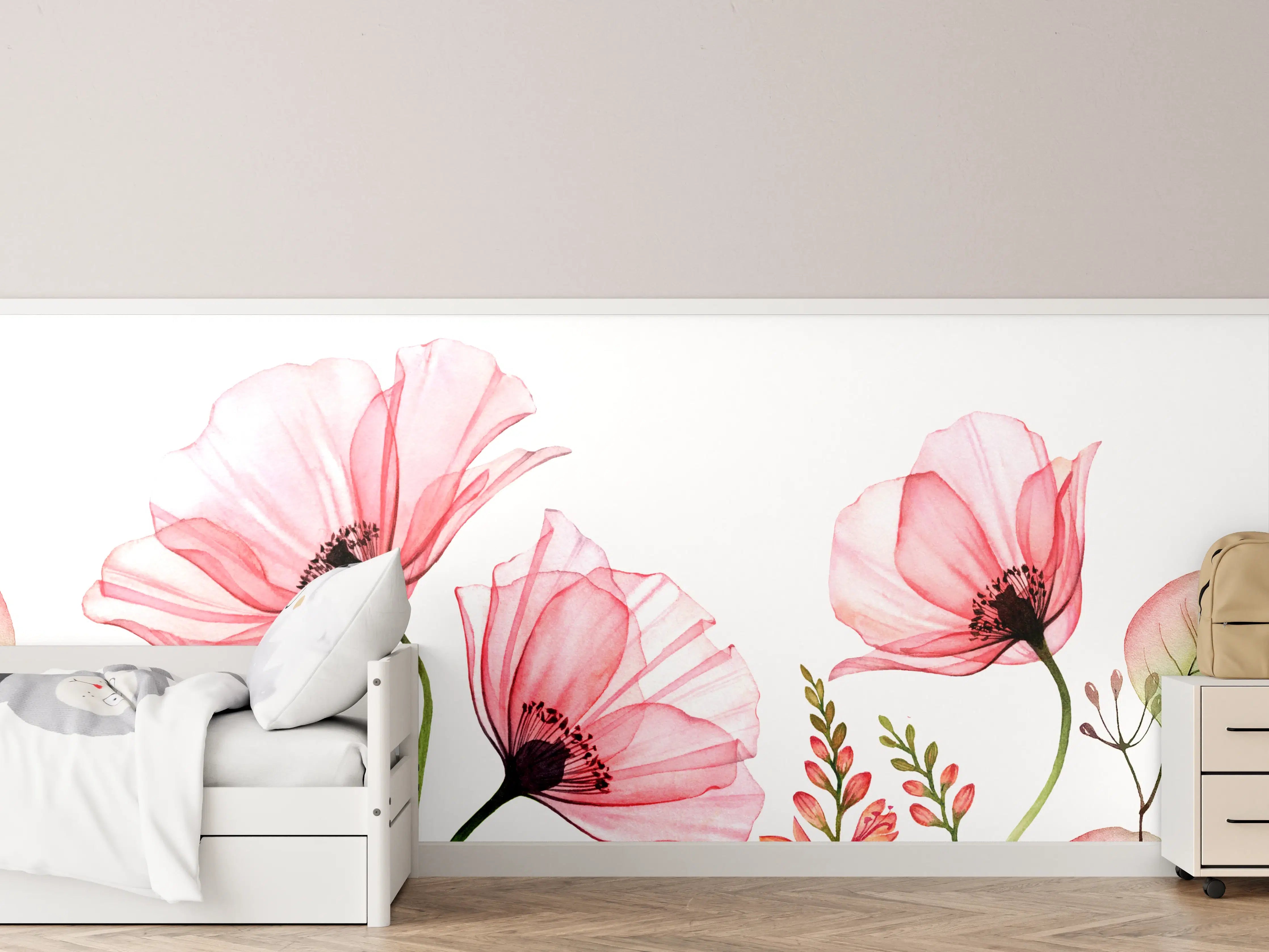Kinderzimmer Wandgestaltung - Zarte rosa Mohnblumen auf weißem Hintergrund