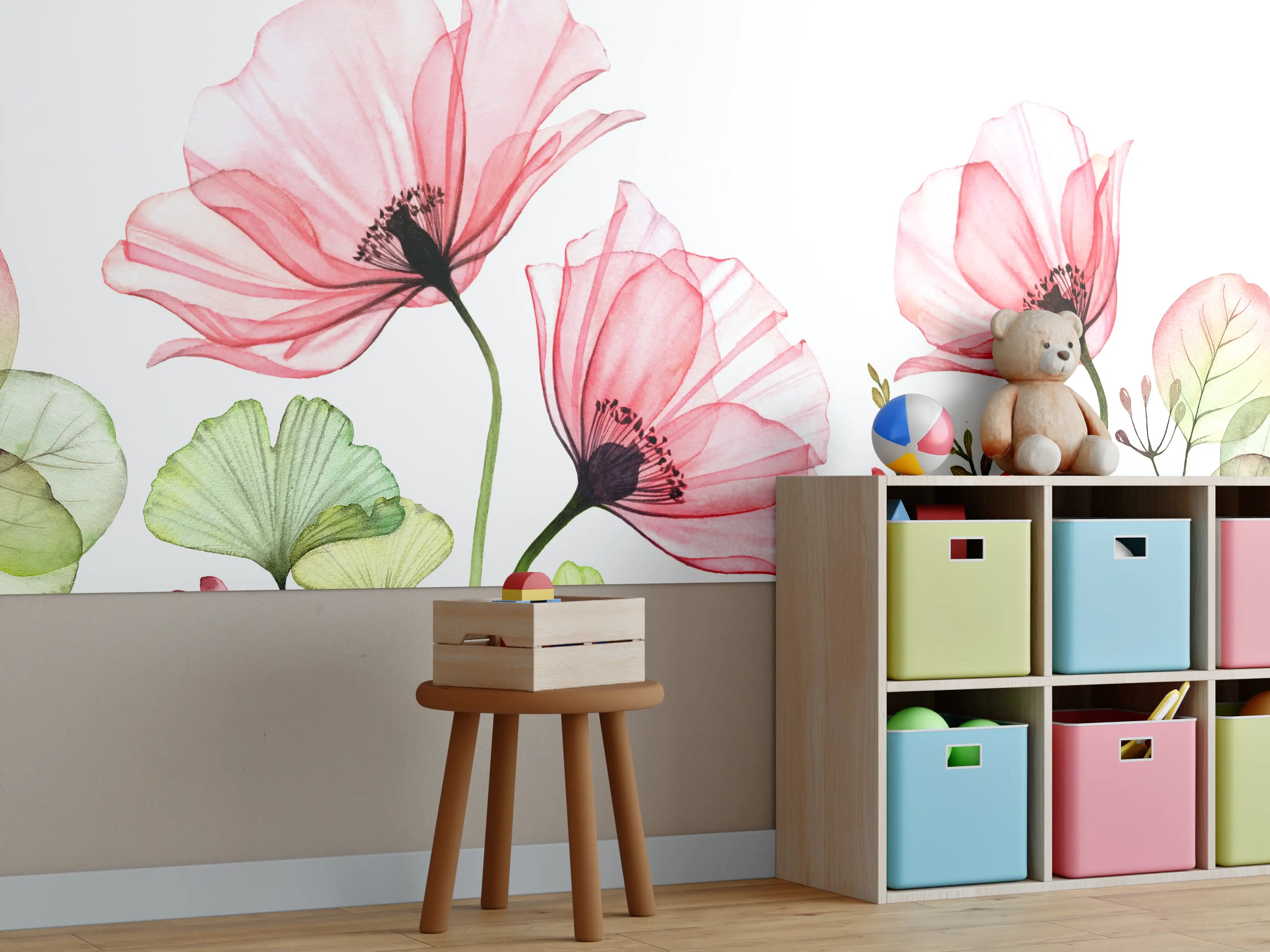Kinderzimmer Wandgestaltung - Zarte rosa Mohnblumen auf weißem Hintergrund