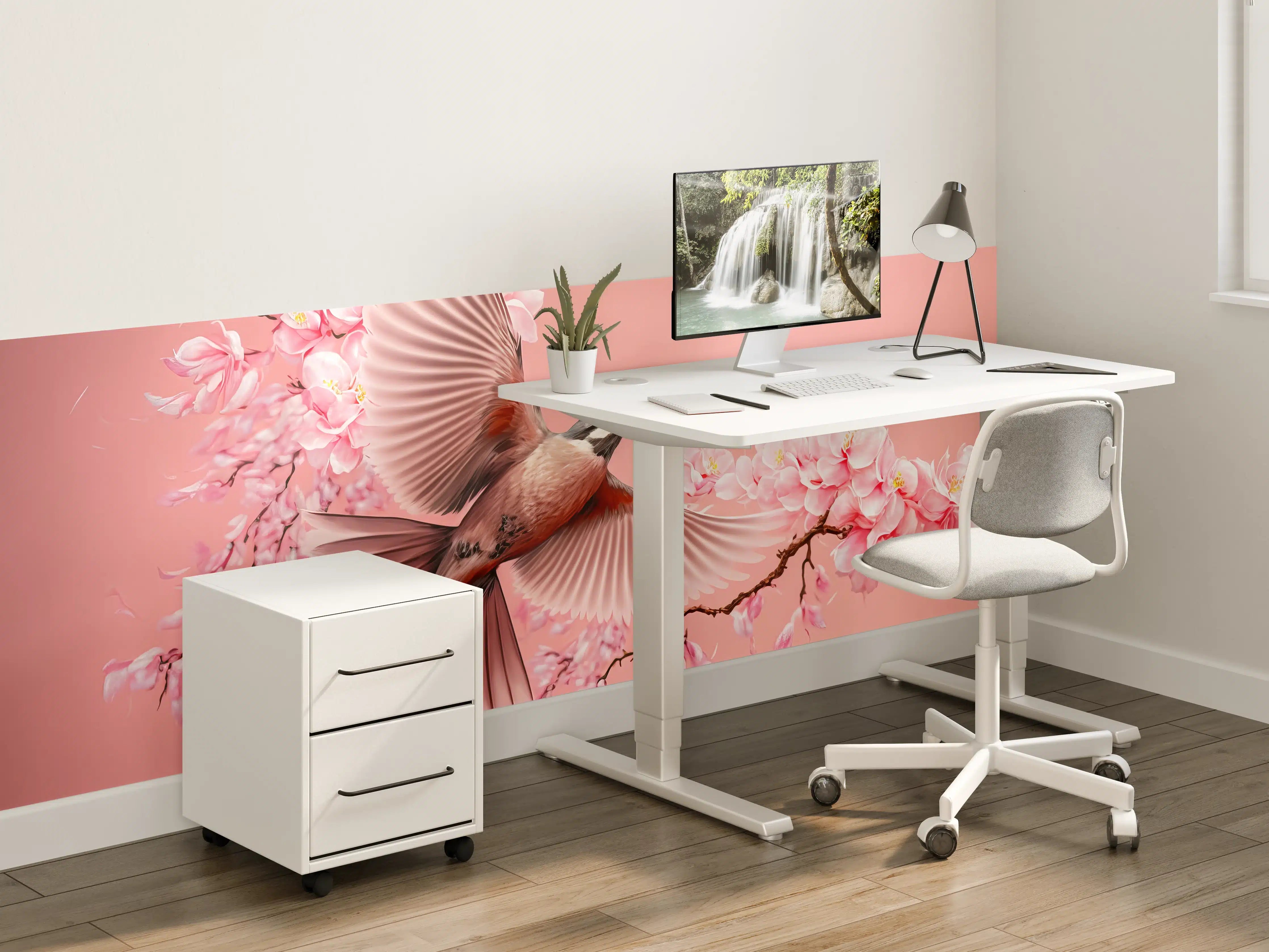 Kinderzimmer Wandgestaltung - Zarter Pinker Vogel mit Blüten in Flug