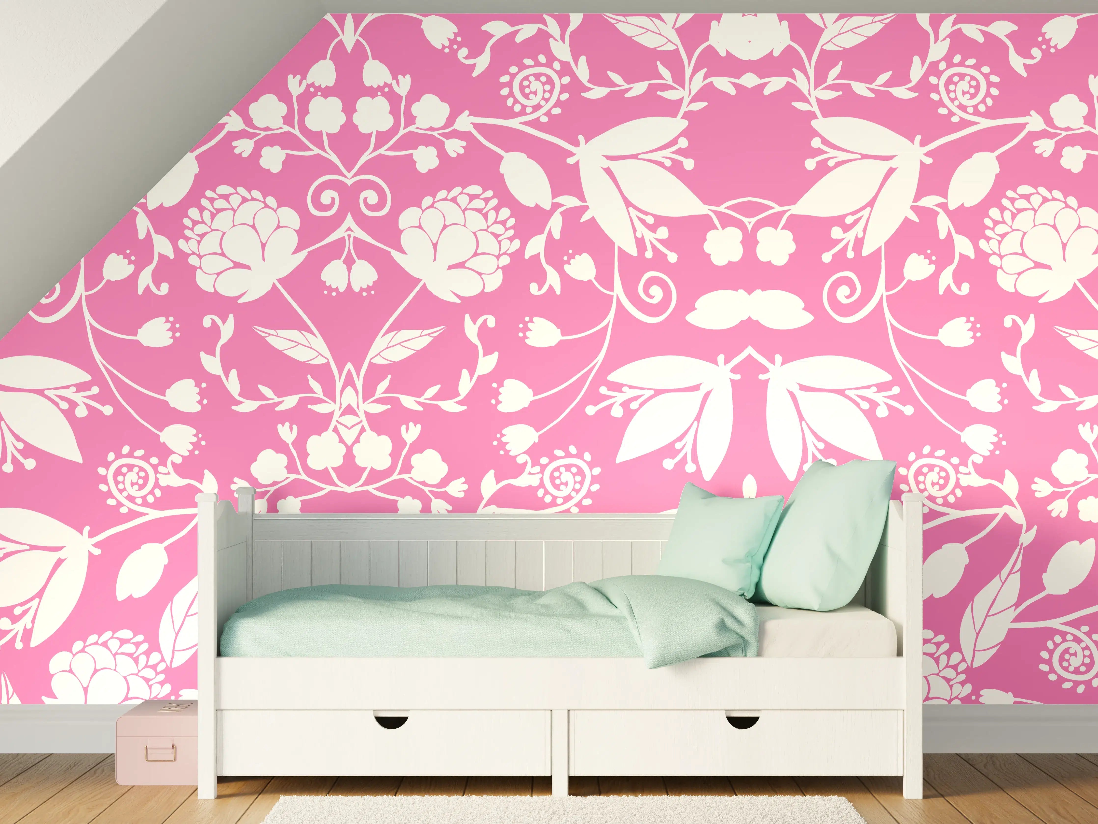 Kinderzimmer Wandgestaltung - Zartes Blumenmuster in Rosa und Weiß