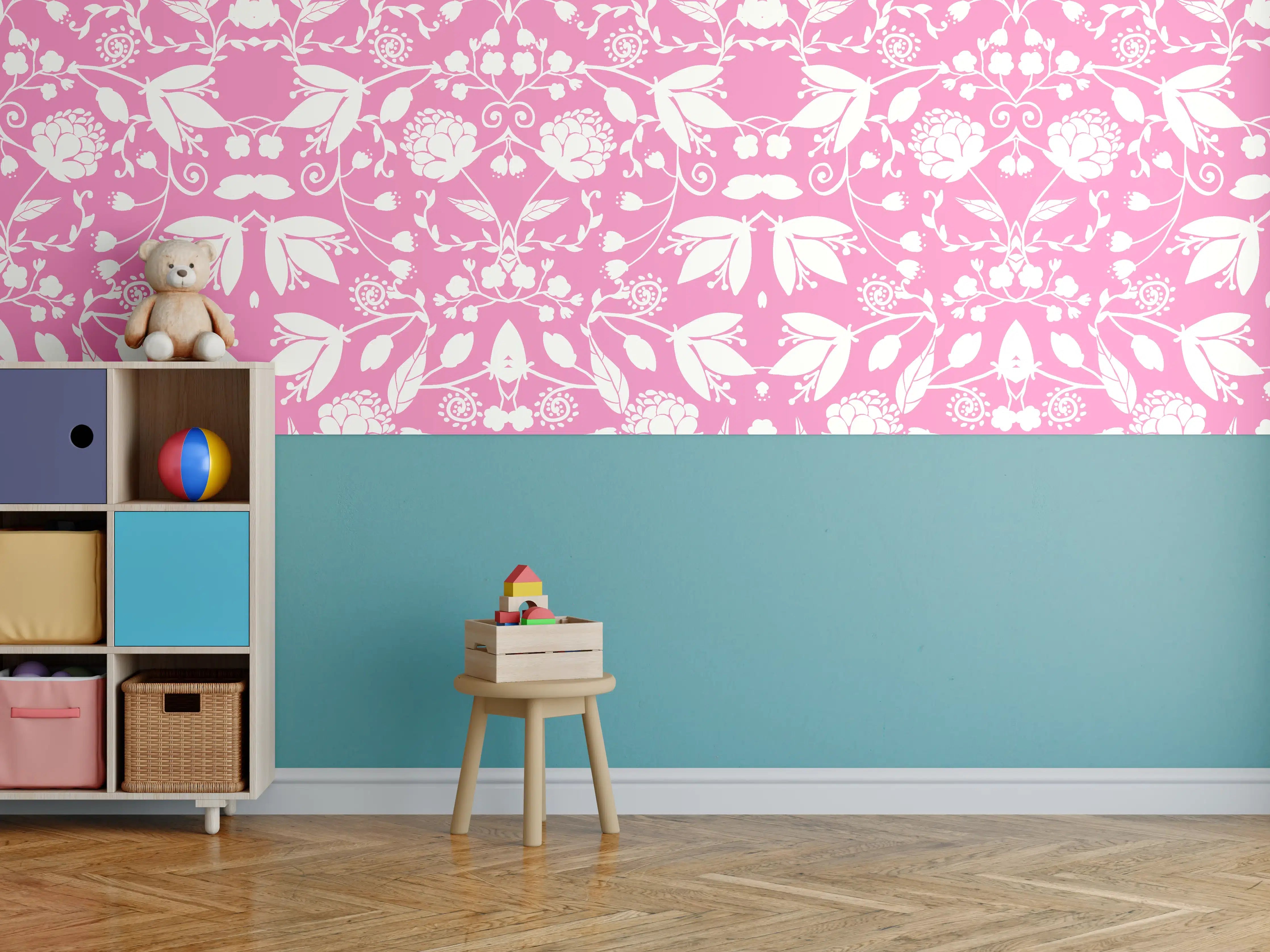 Kinderzimmer Wandgestaltung - Zartes Blumenmuster in Rosa und Weiß