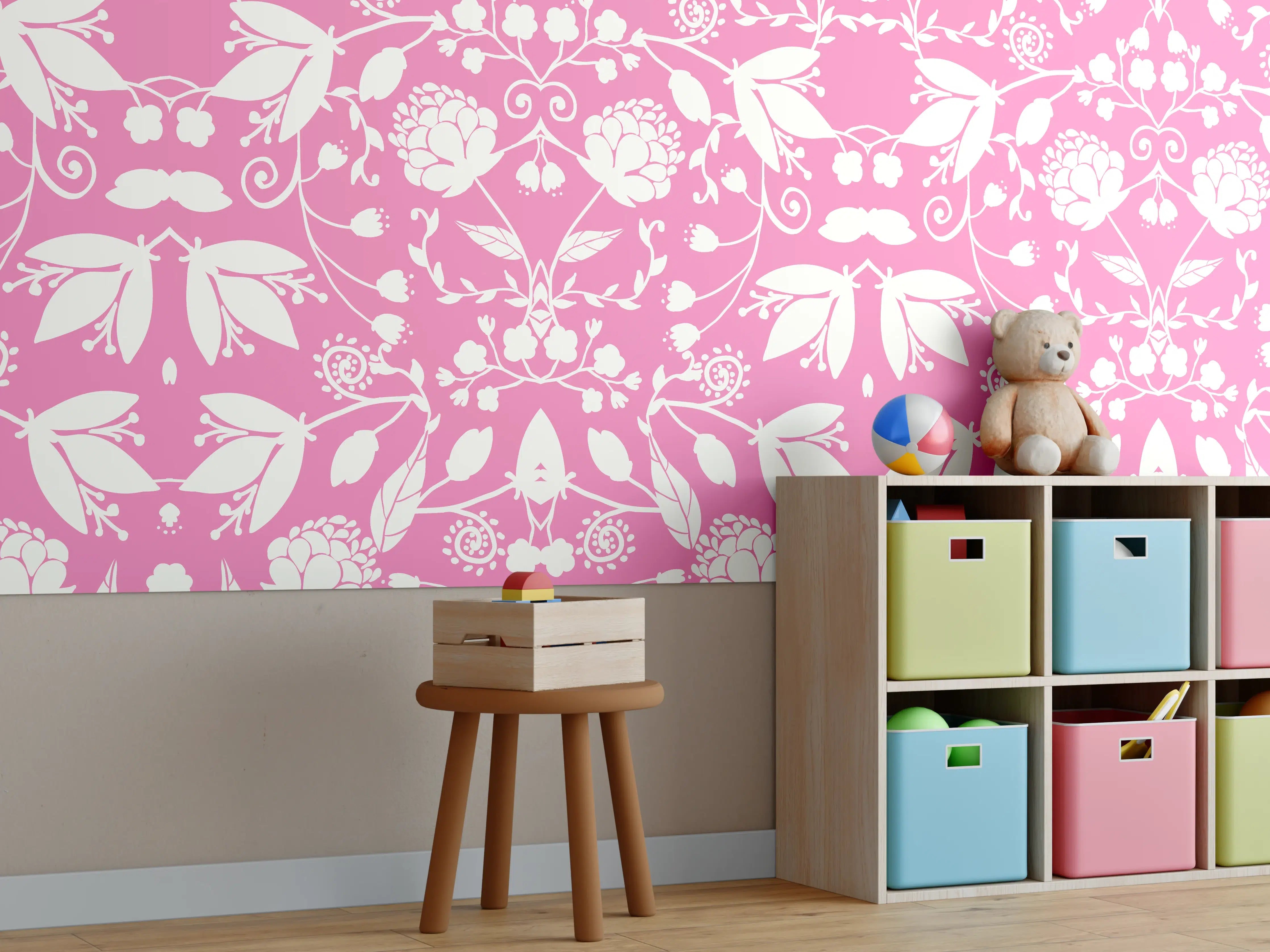 Kinderzimmer Wandgestaltung - Zartes Blumenmuster in Rosa und Weiß