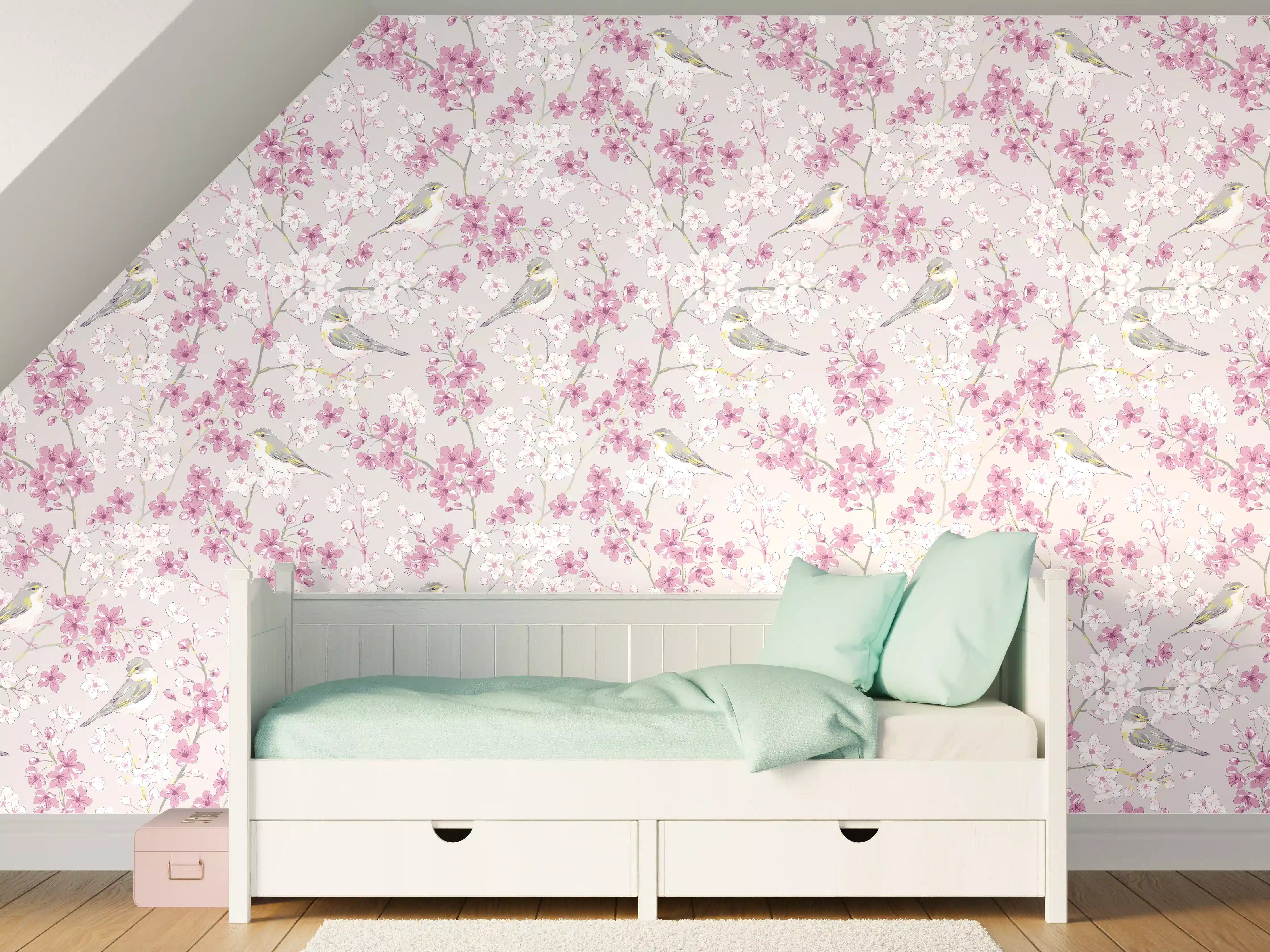 Kinderzimmer Wandgestaltung - Zartes Kirschblütenmuster mit kleinen Vögeln