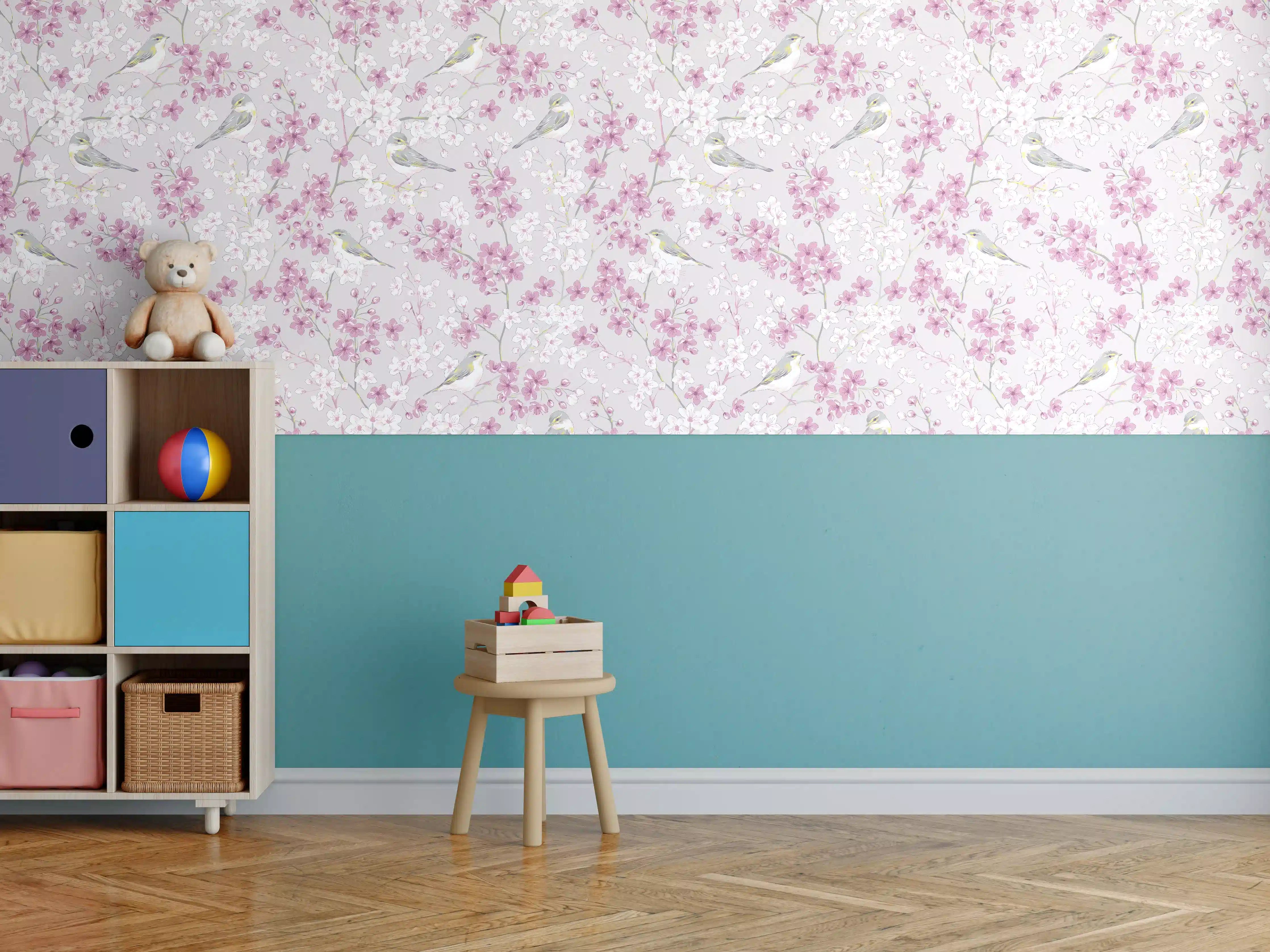 Kinderzimmer Wandgestaltung - Zartes Kirschblütenmuster mit kleinen Vögeln