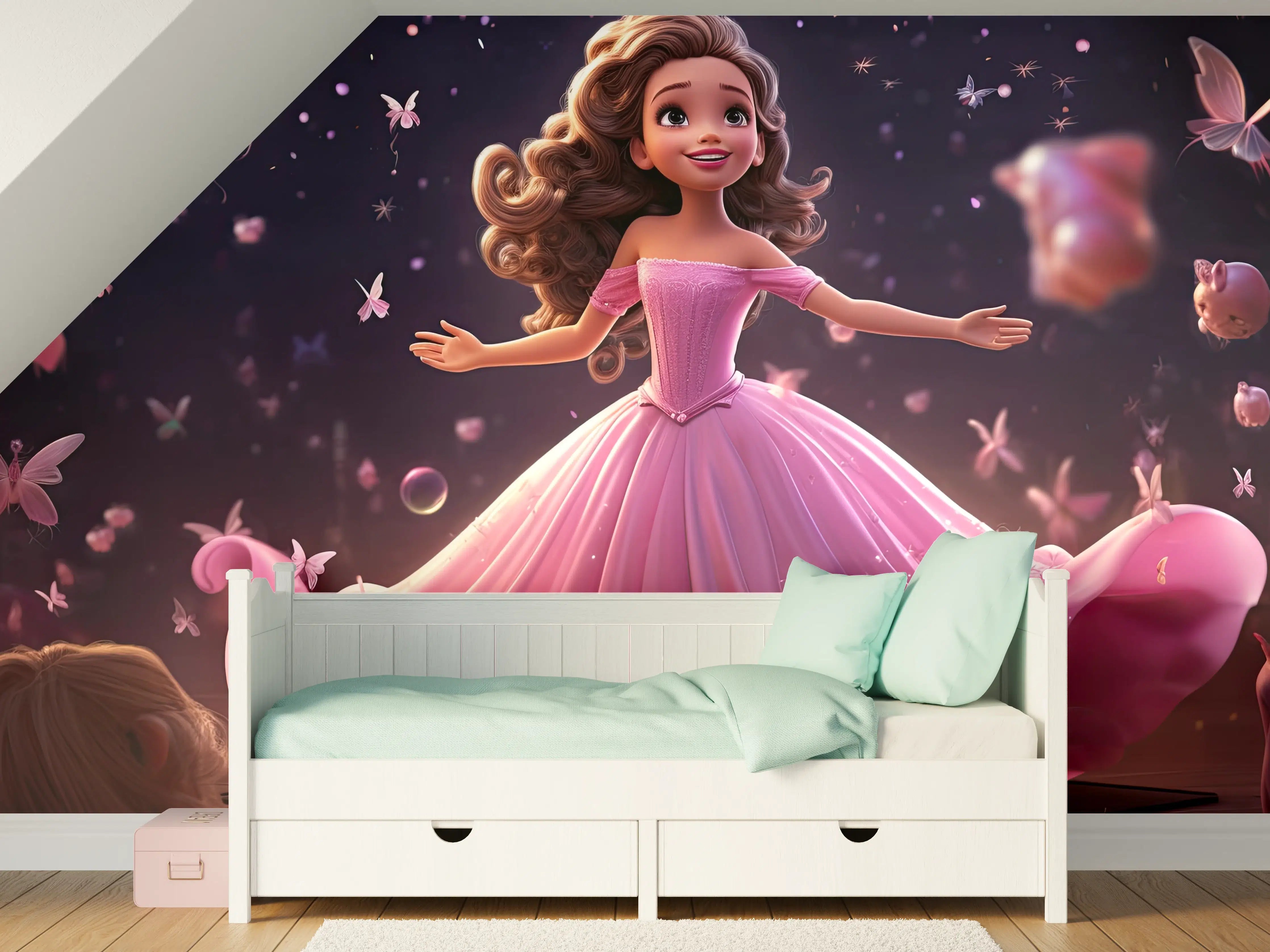 Kinderzimmer Wandgestaltung - Zauberhafte Disney-Prinzessin mit pinkem Kleid