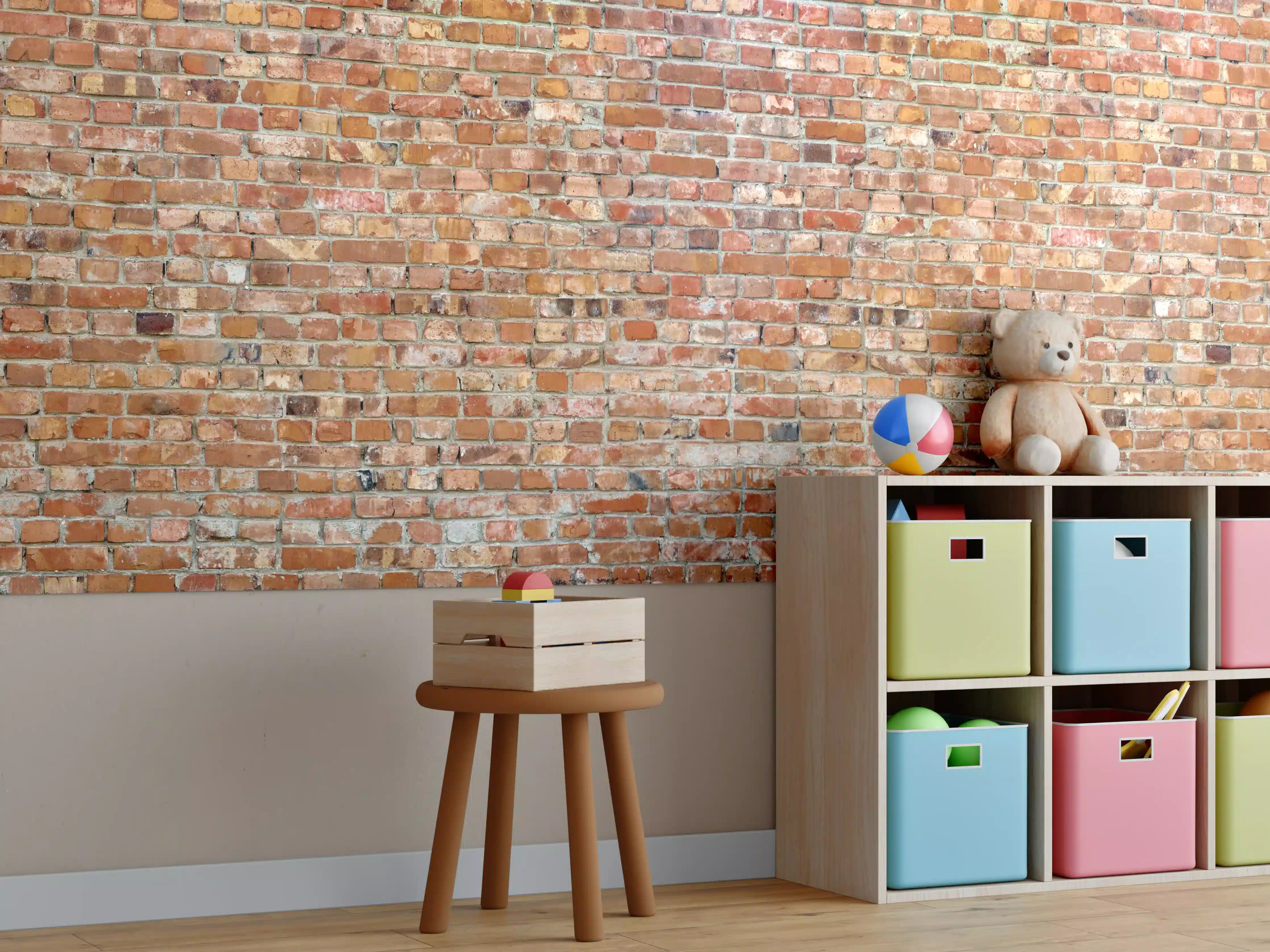 Kinderzimmer Wandgestaltung - Ziegelmauer in roter Farbe