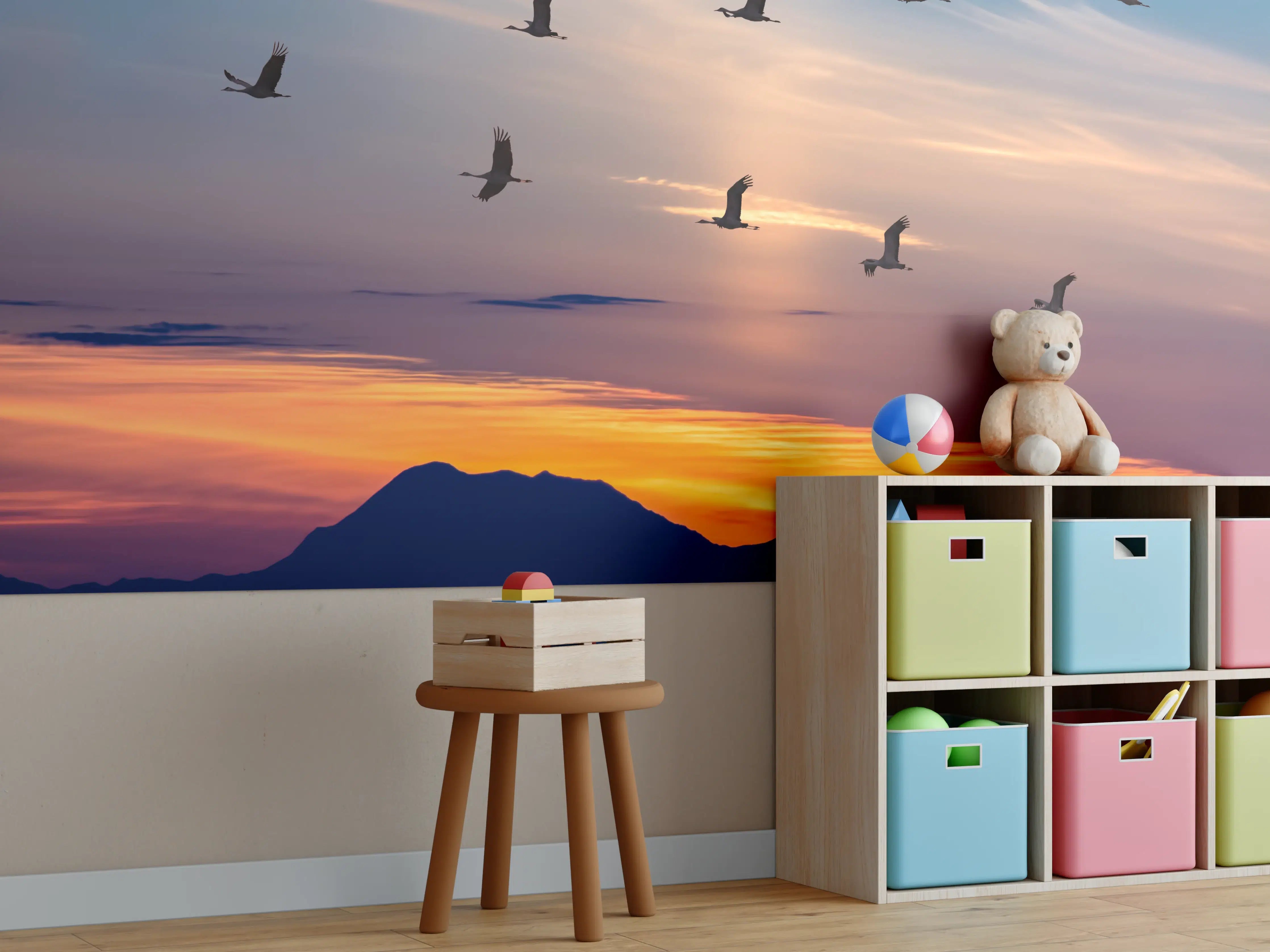 Kinderzimmer Wandgestaltung - Zugvögel fliegen bei Sonnenuntergang