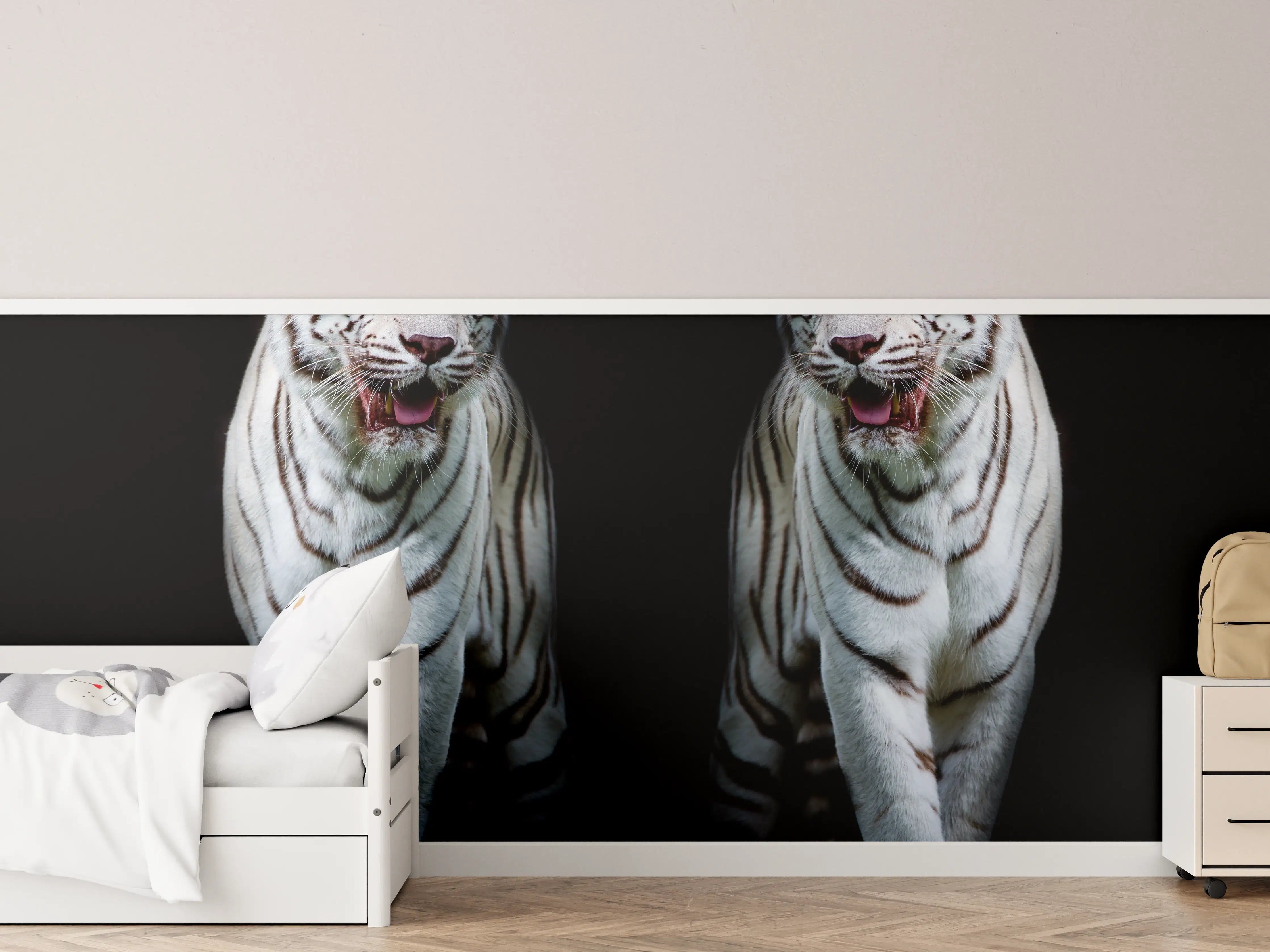 Kinderzimmer Wandgestaltung - Zwei weiße Tiger auf schwarzem Hintergrund