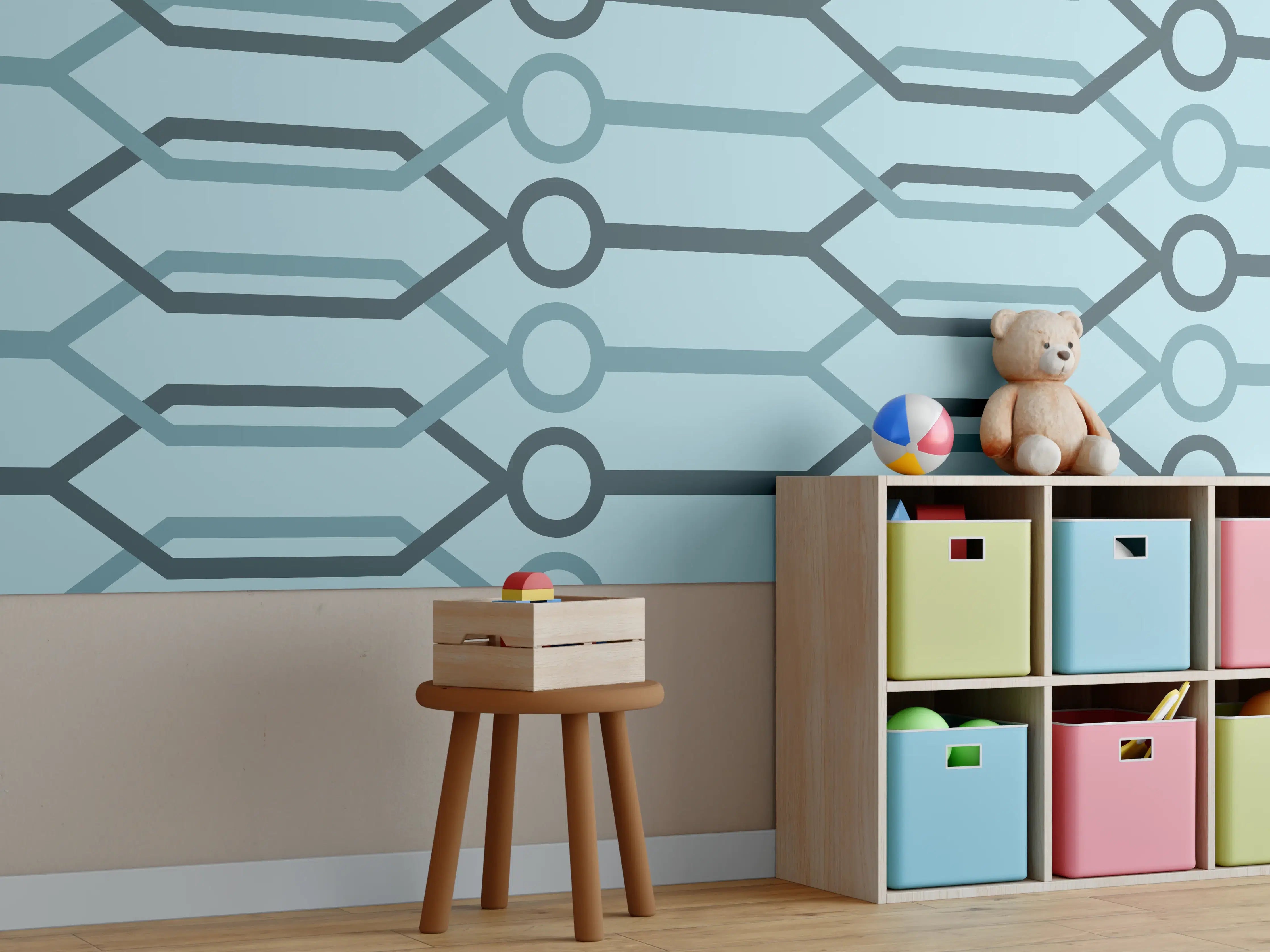 Kinderzimmer Wandgestaltung - "Abstraktes Muster in Blau und Grau auf weißem Hintergrund"