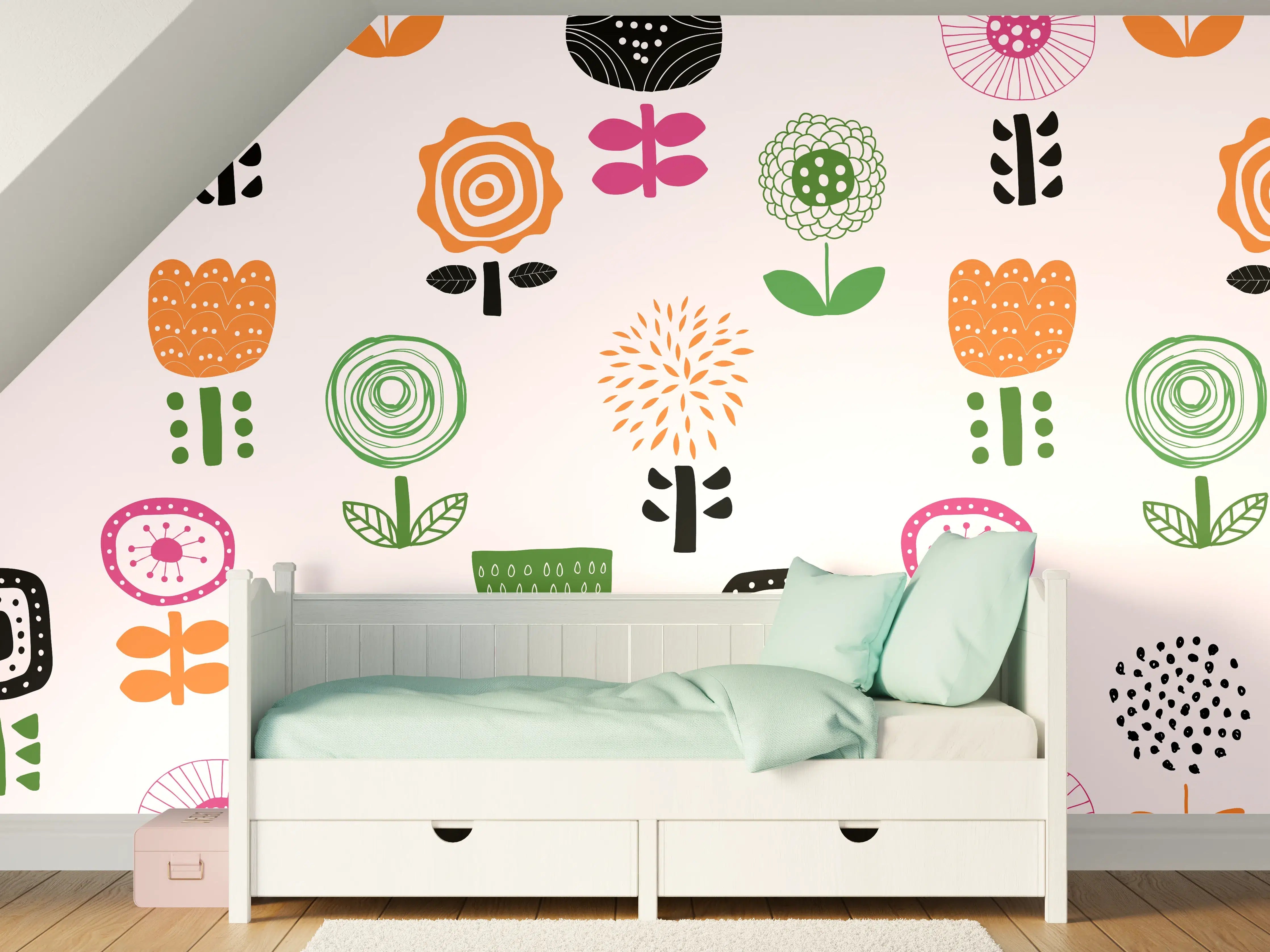 Kinderzimmer Wandgestaltung - "Blumige Tapete in Weiß und Grau - Bunte florale Muster für jede Wand"