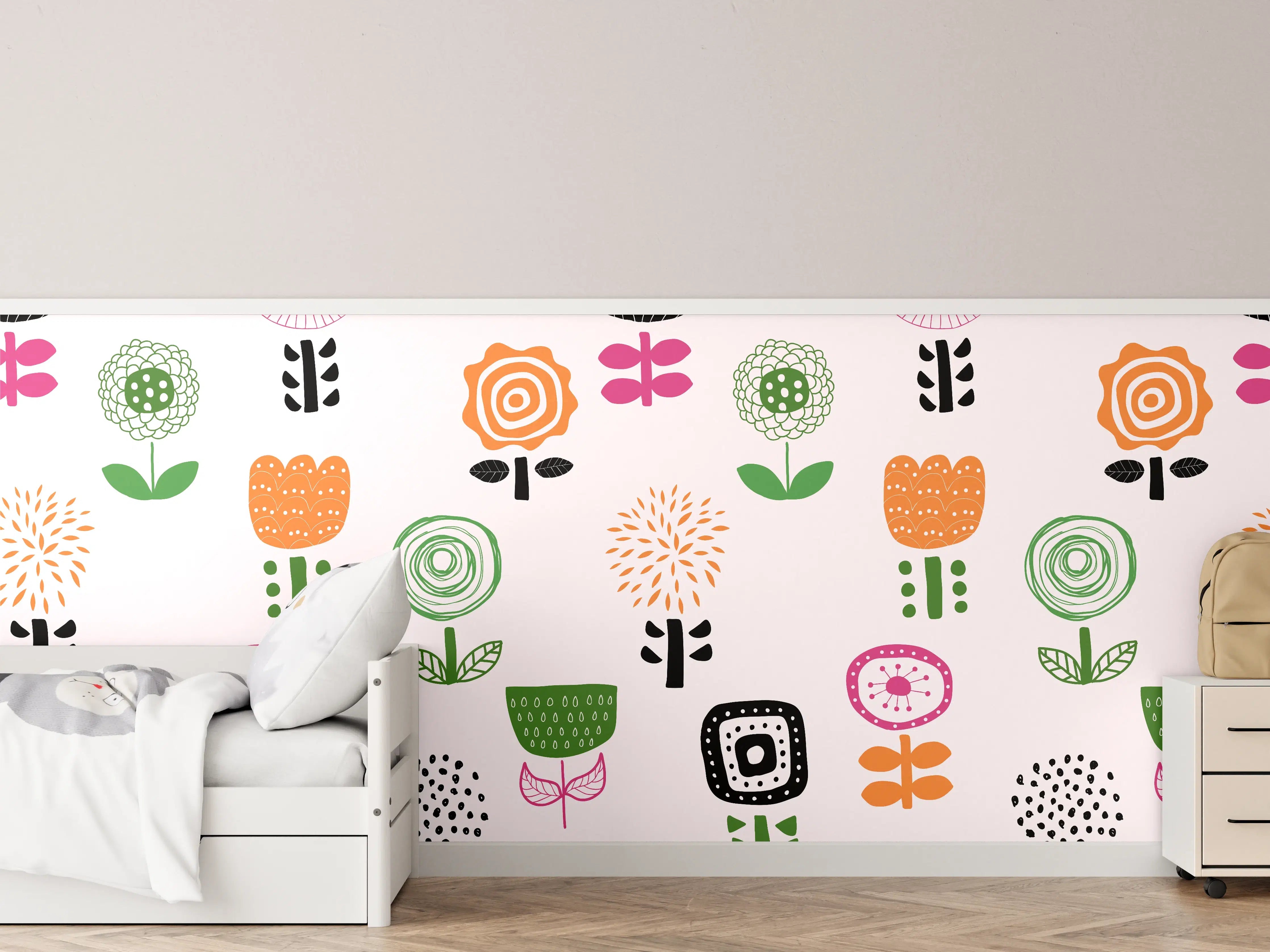 Kinderzimmer Wandgestaltung - "Blumige Tapete in Weiß und Grau - Bunte florale Muster für jede Wand"