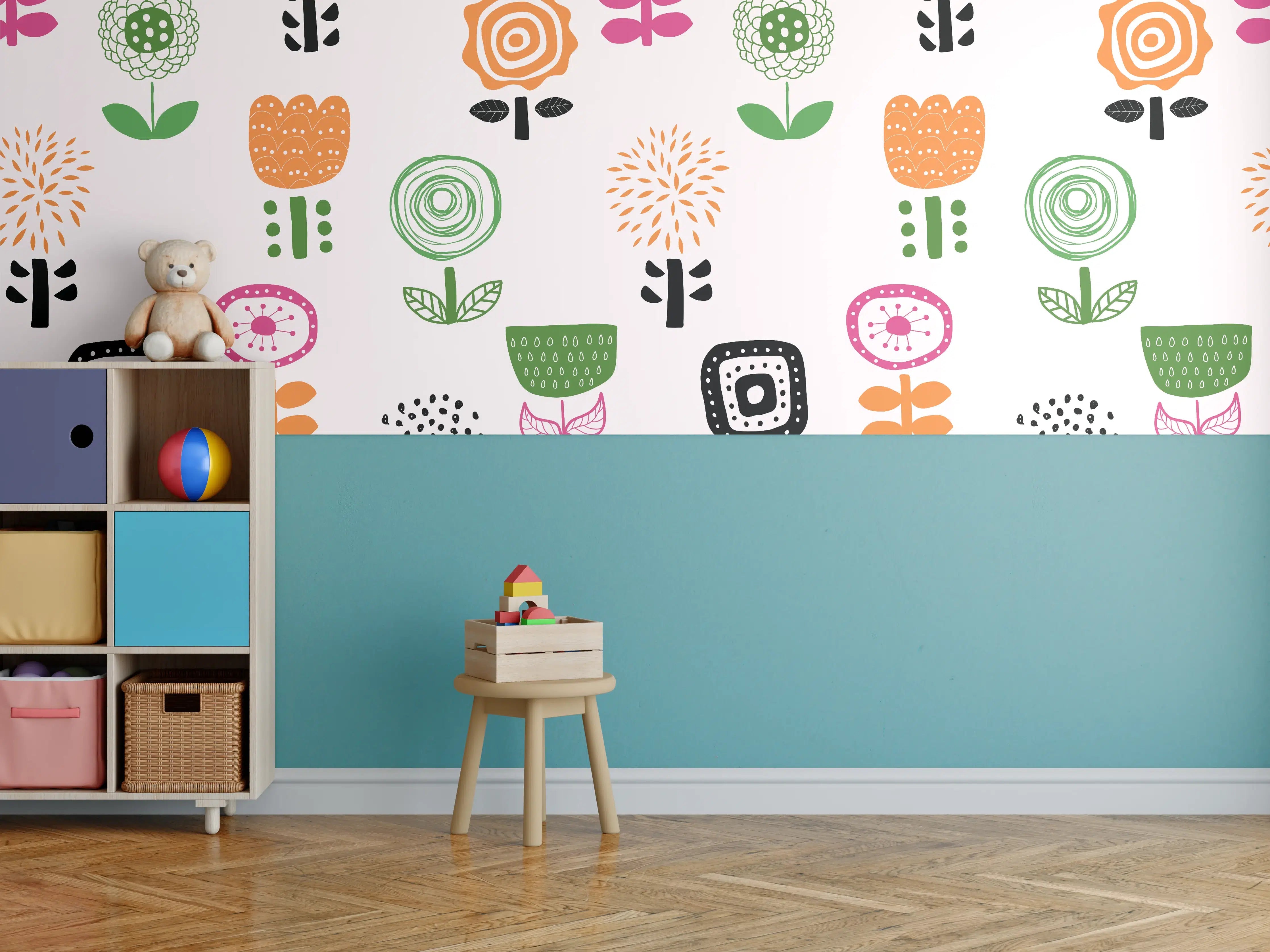 Kinderzimmer Wandgestaltung - "Blumige Tapete in Weiß und Grau - Bunte florale Muster für jede Wand"