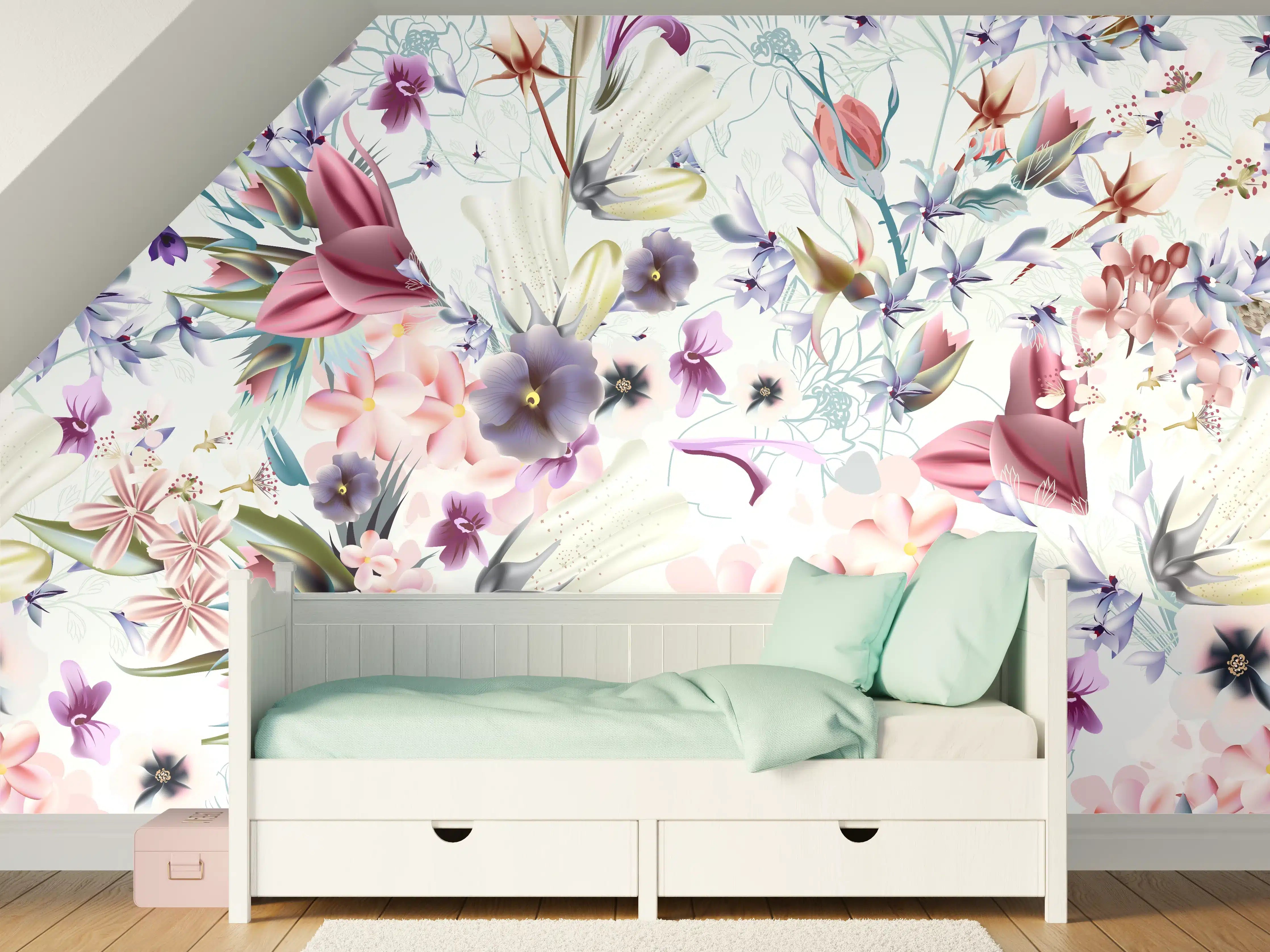 Kinderzimmer Wandgestaltung - 'Helle Blumenmuster in Pastellfarben mit zarten Graunuancen'