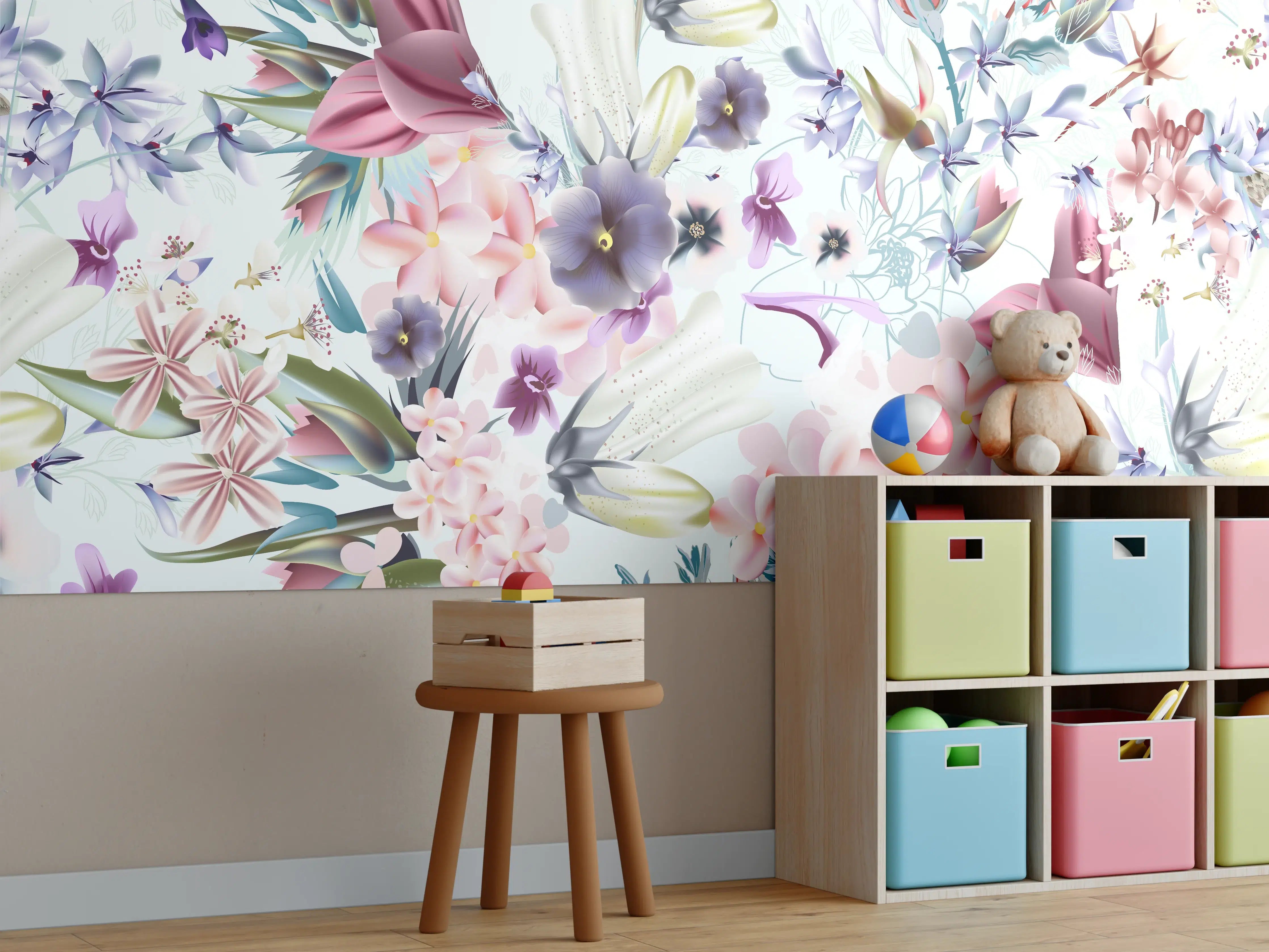 Kinderzimmer Wandgestaltung - 'Helle Blumenmuster in Pastellfarben mit zarten Graunuancen'