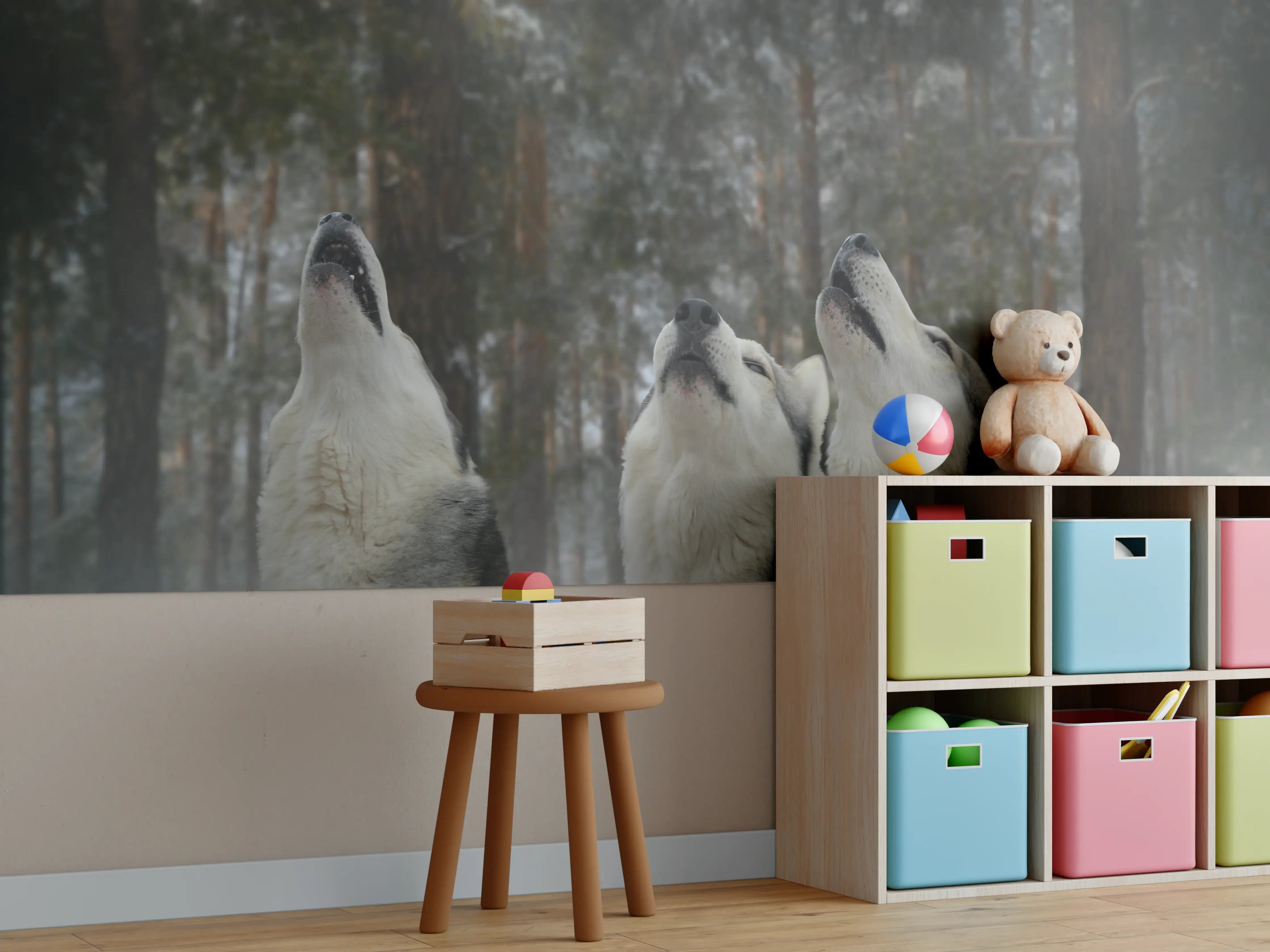 Kinderzimmer Wandgestaltung - drei heulende Wölfe