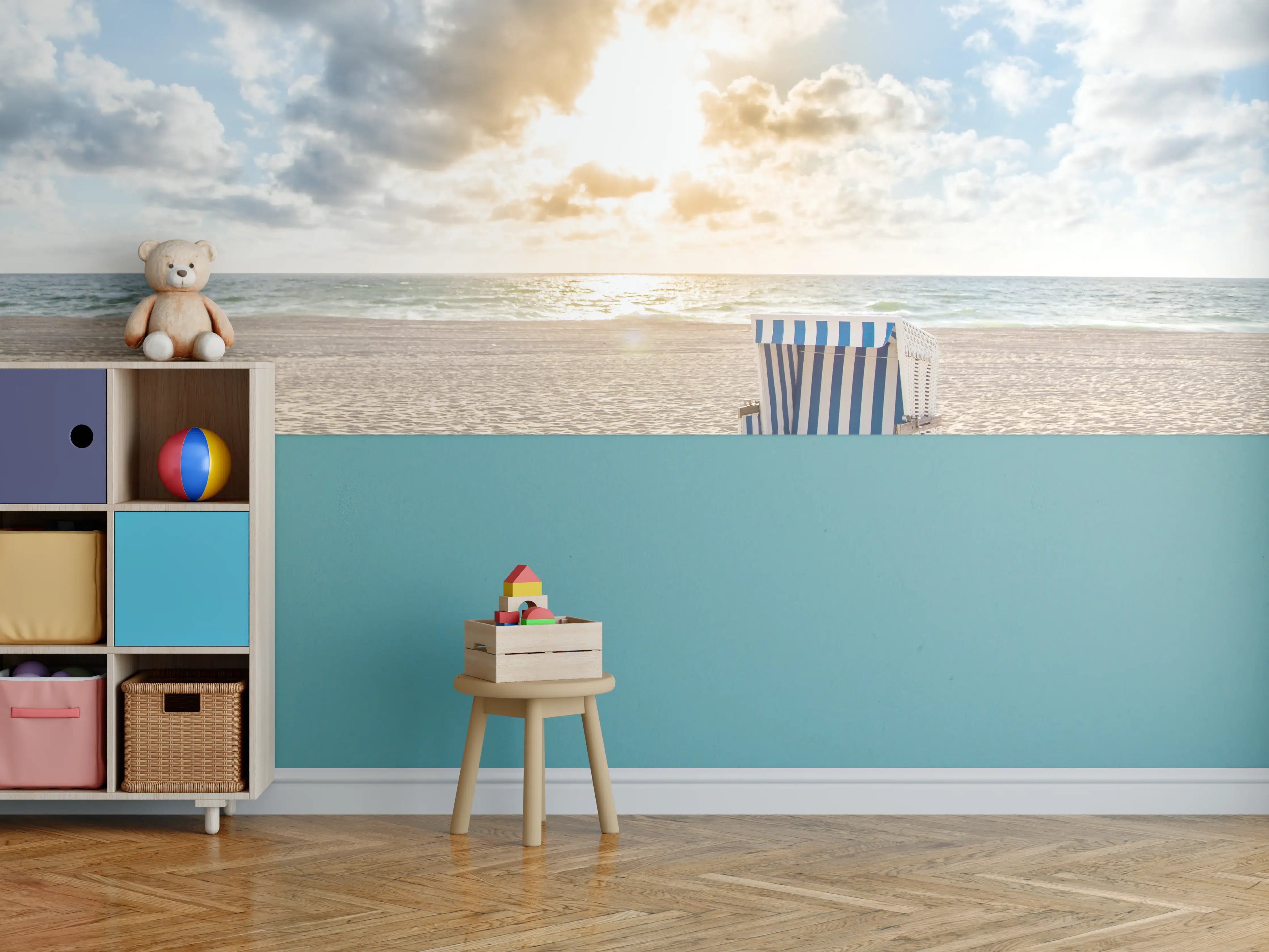 Kinderzimmer Wandgestaltung - einzelner Strandkorb an der Nordsee