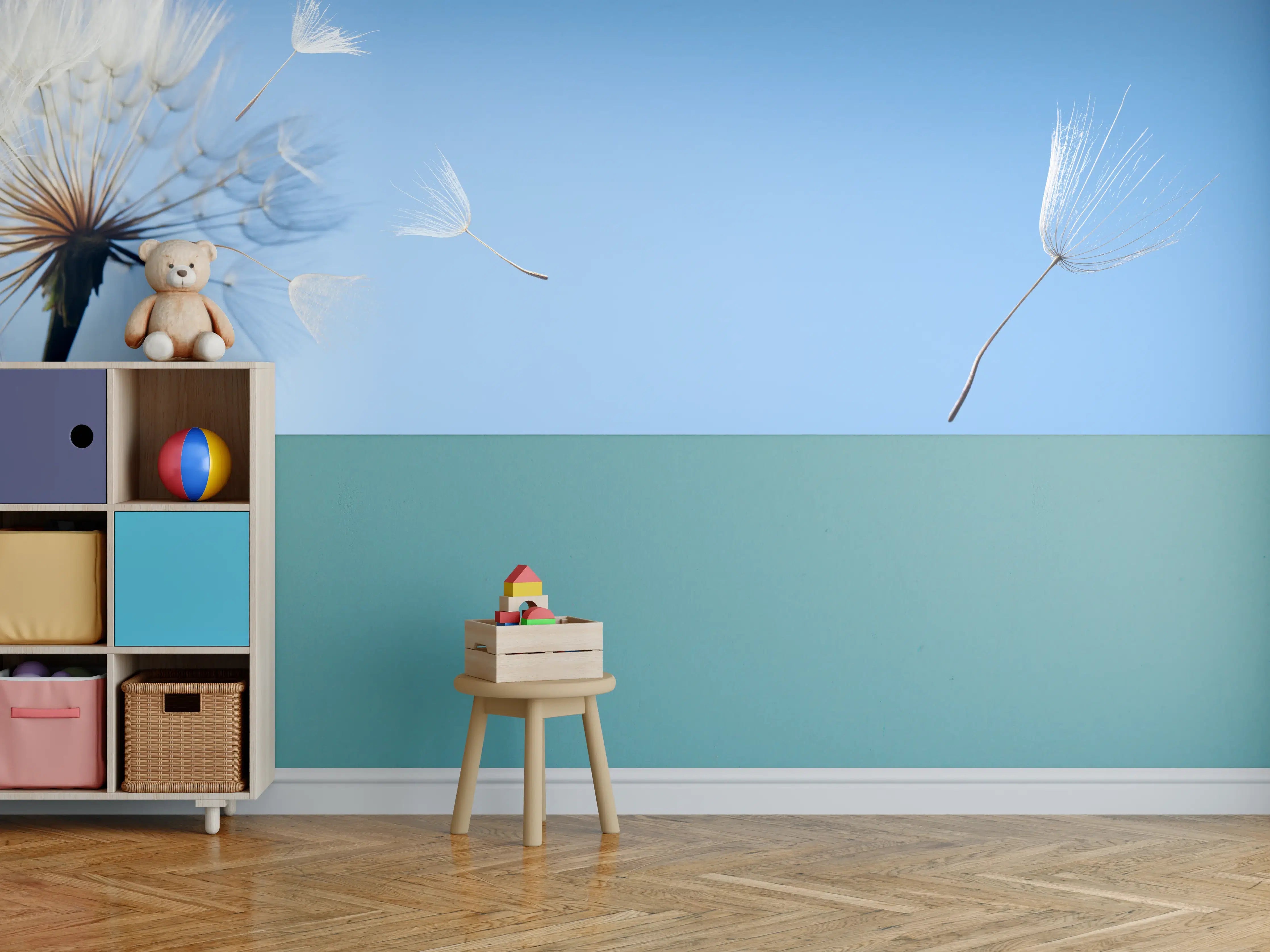 Kinderzimmer Wandgestaltung - fliegende Löwenzahnsamen im Wind