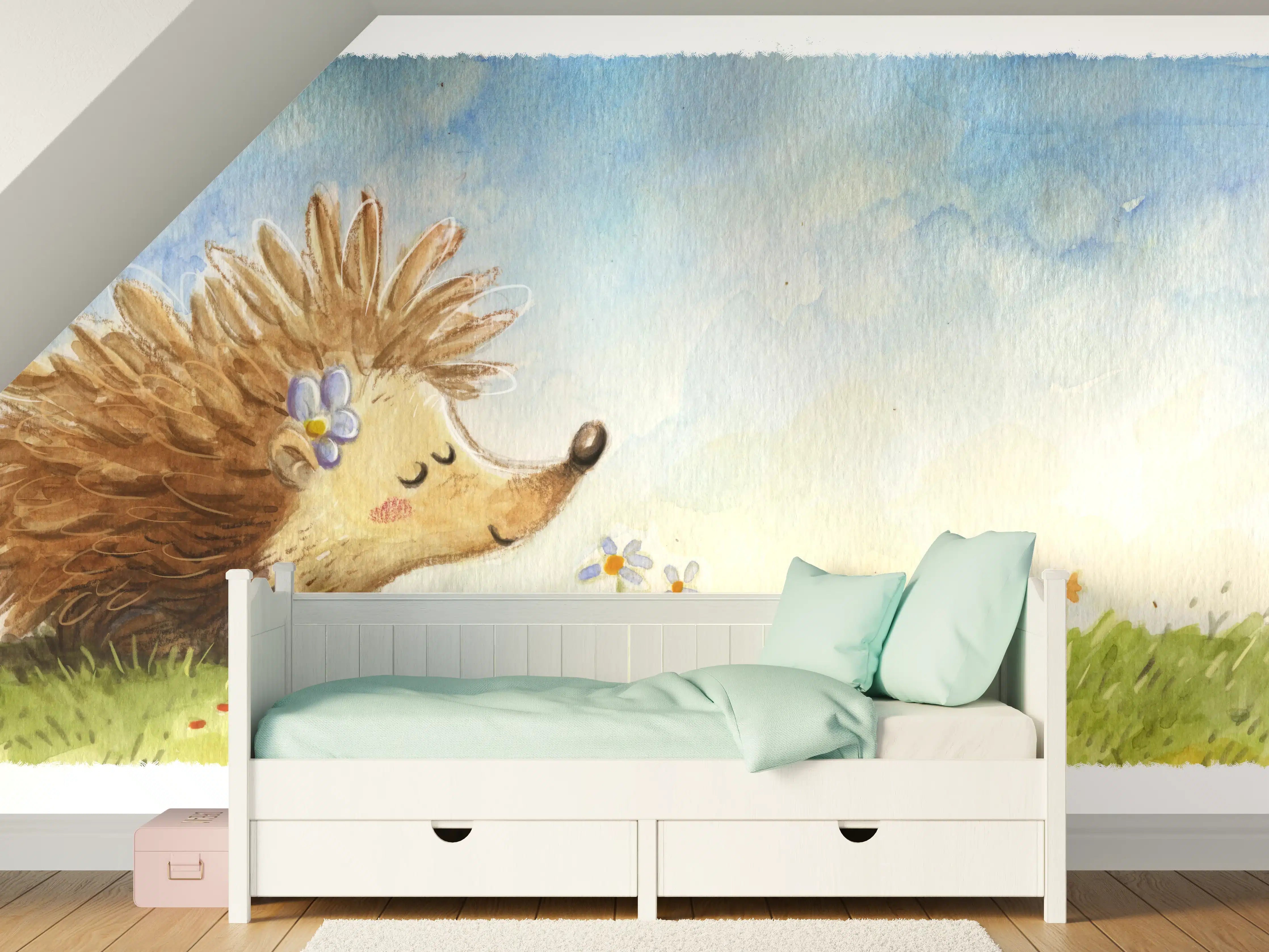 Kinderzimmer Wandgestaltung - fröhlicher Igel auf einer Wiese