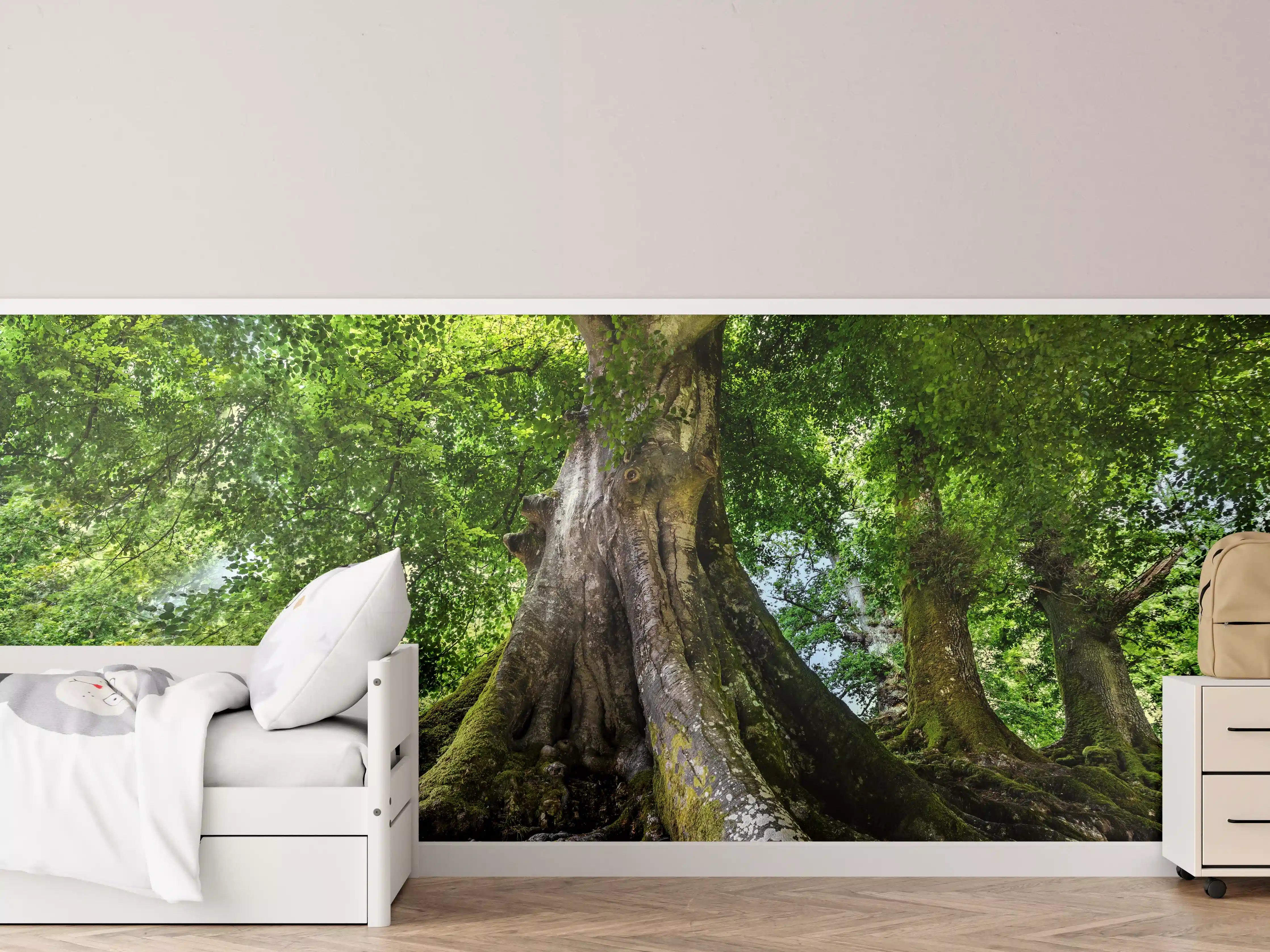 Kinderzimmer Wandgestaltung - großer alter Baum in Froschperspektive