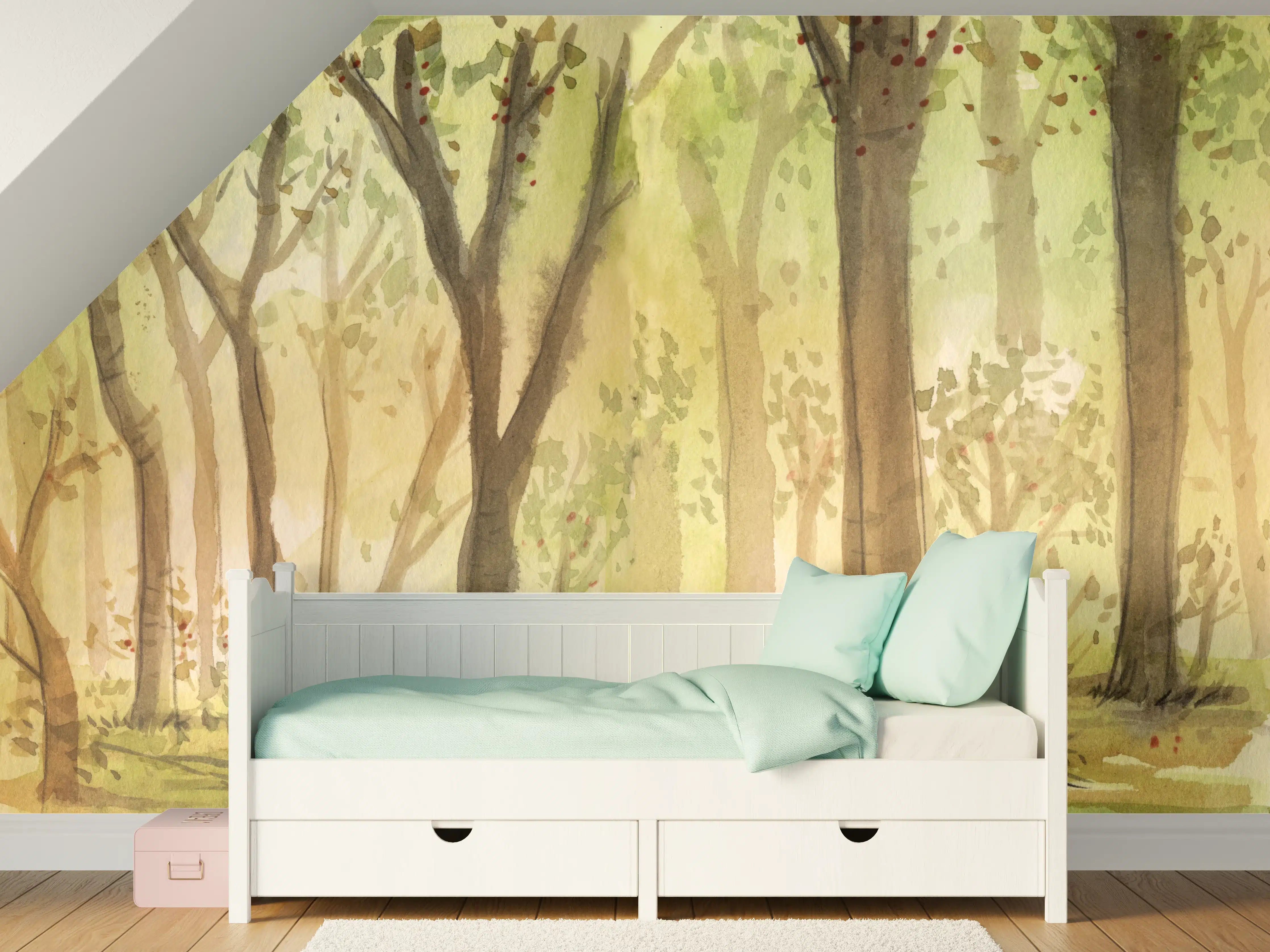 Kinderzimmer Wandgestaltung - heller Aquarell Wald