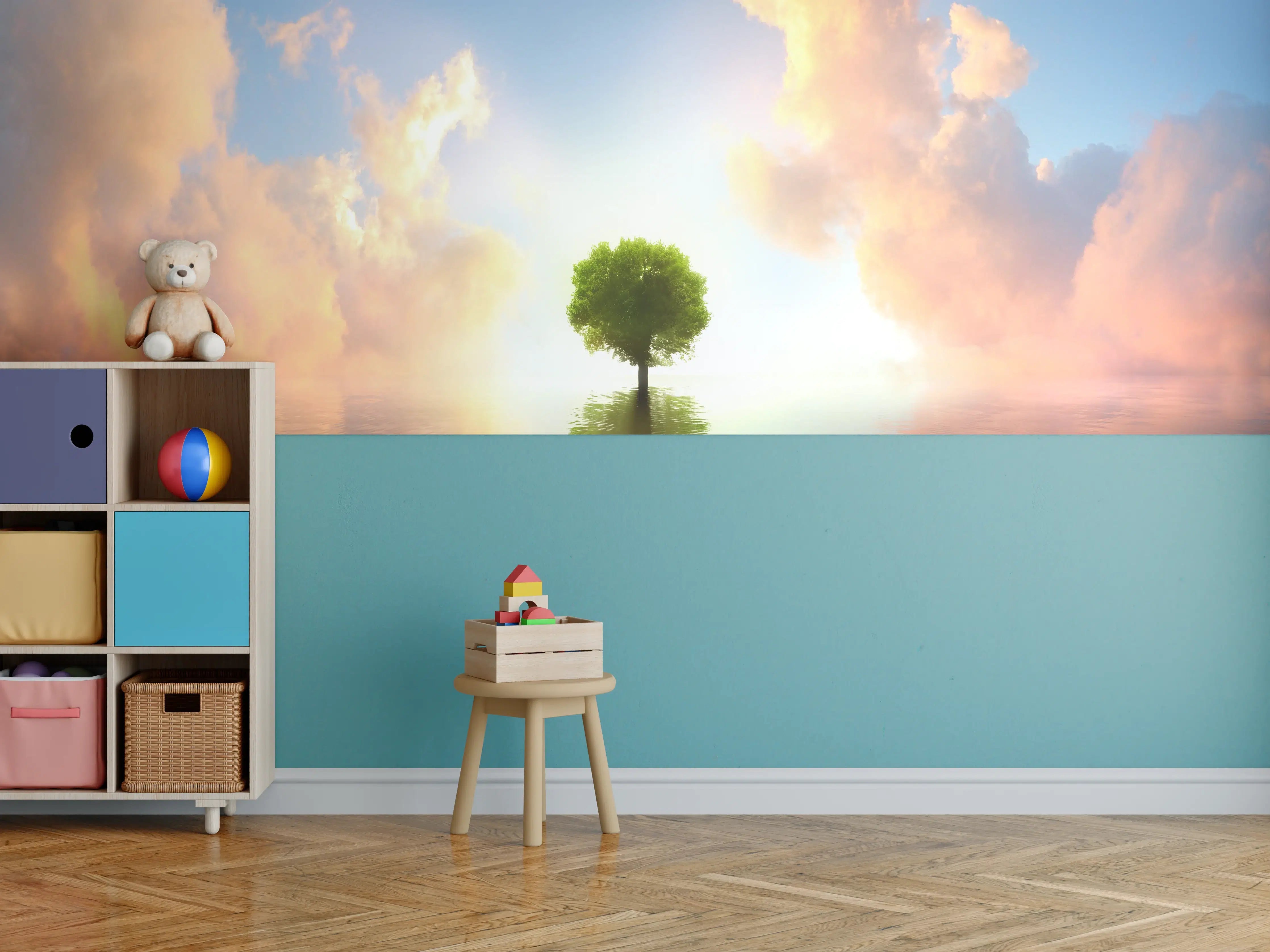 Kinderzimmer Wandgestaltung - kraftvoller Baum mitten im See