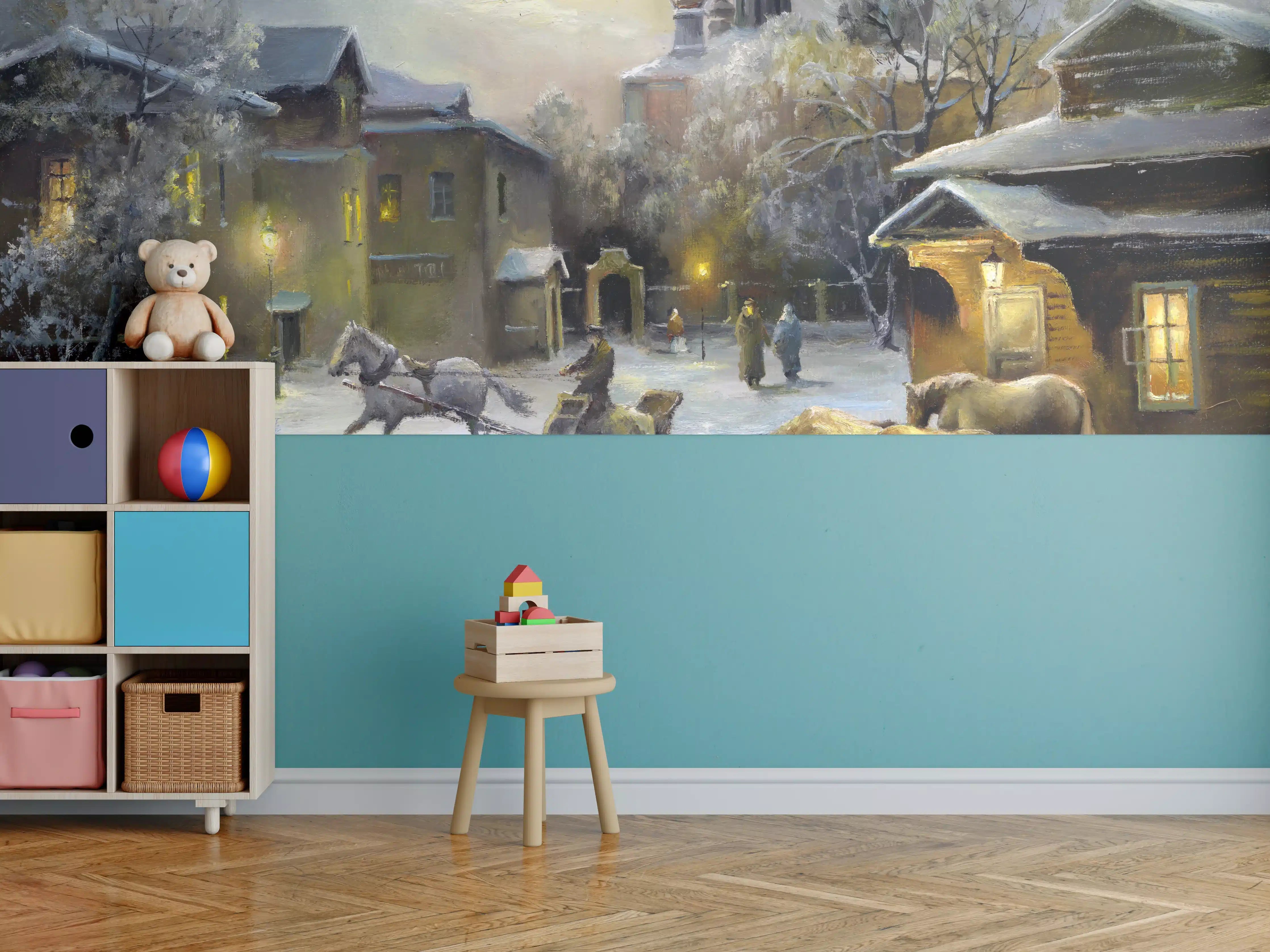 Kinderzimmer Wandgestaltung - ländliches Dorf im Winter