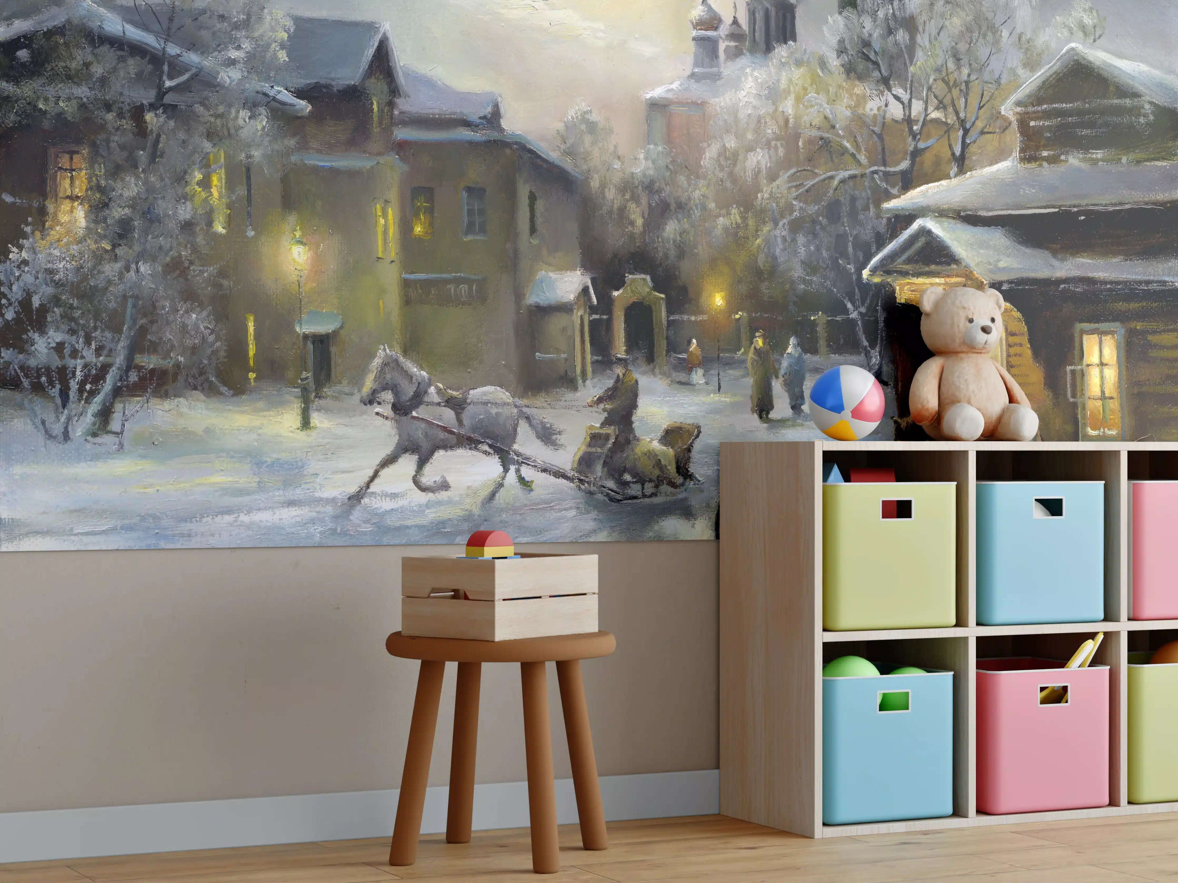 Kinderzimmer Wandgestaltung - ländliches Dorf im Winter