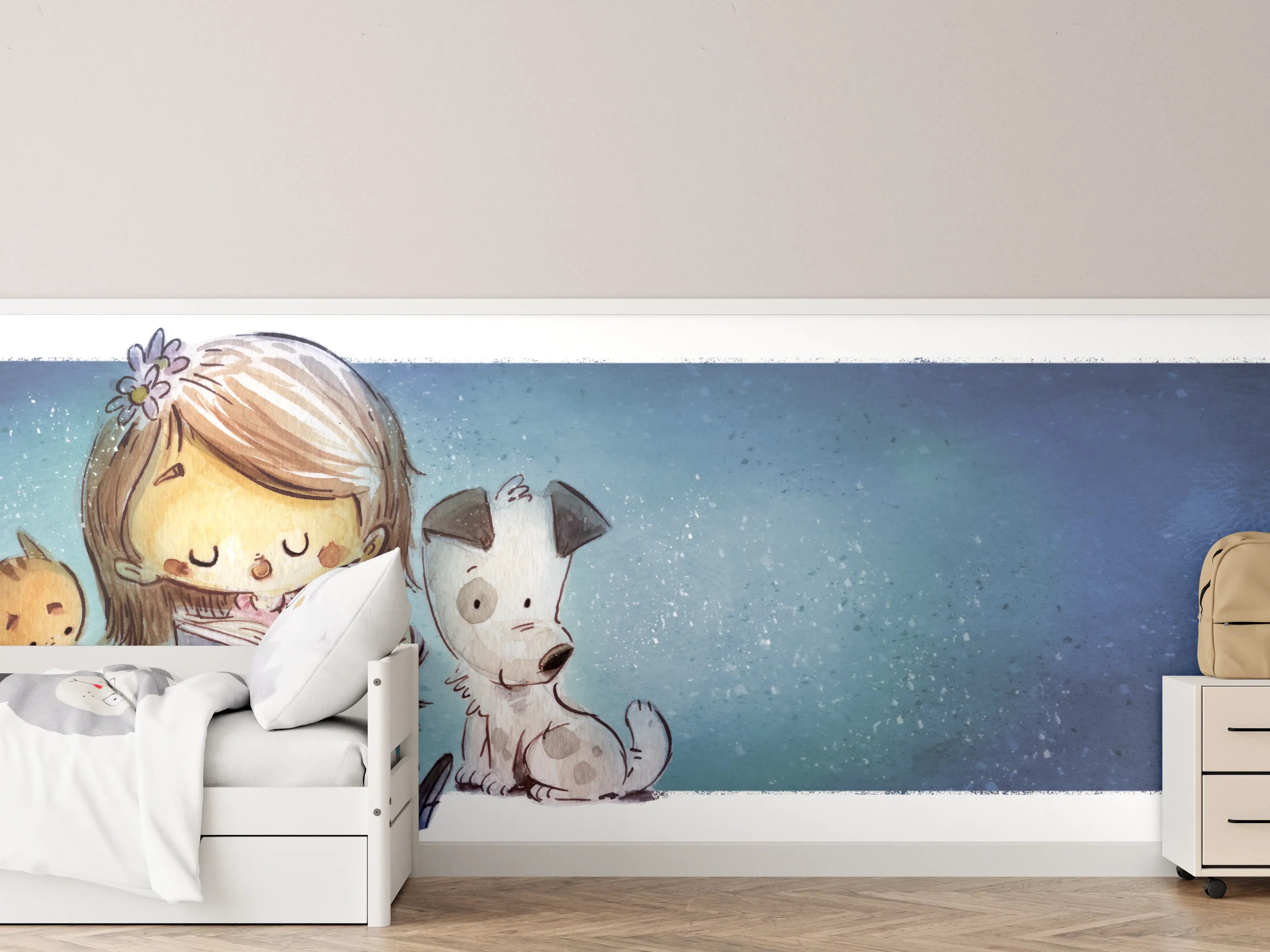 Kinderzimmer Wandgestaltung - lesendes Mädchen mit Hund und Katze