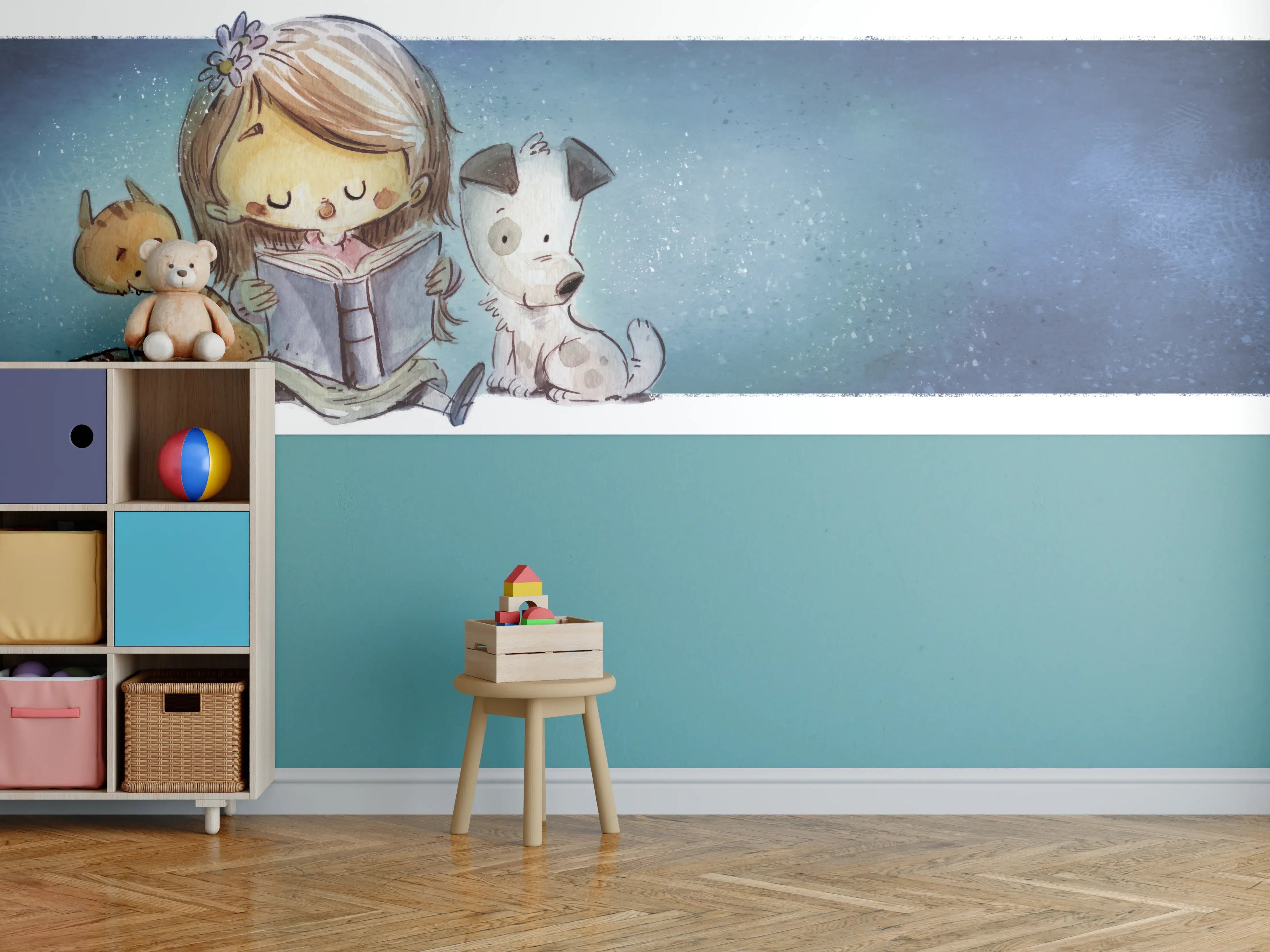 Kinderzimmer Wandgestaltung - lesendes Mädchen mit Hund und Katze