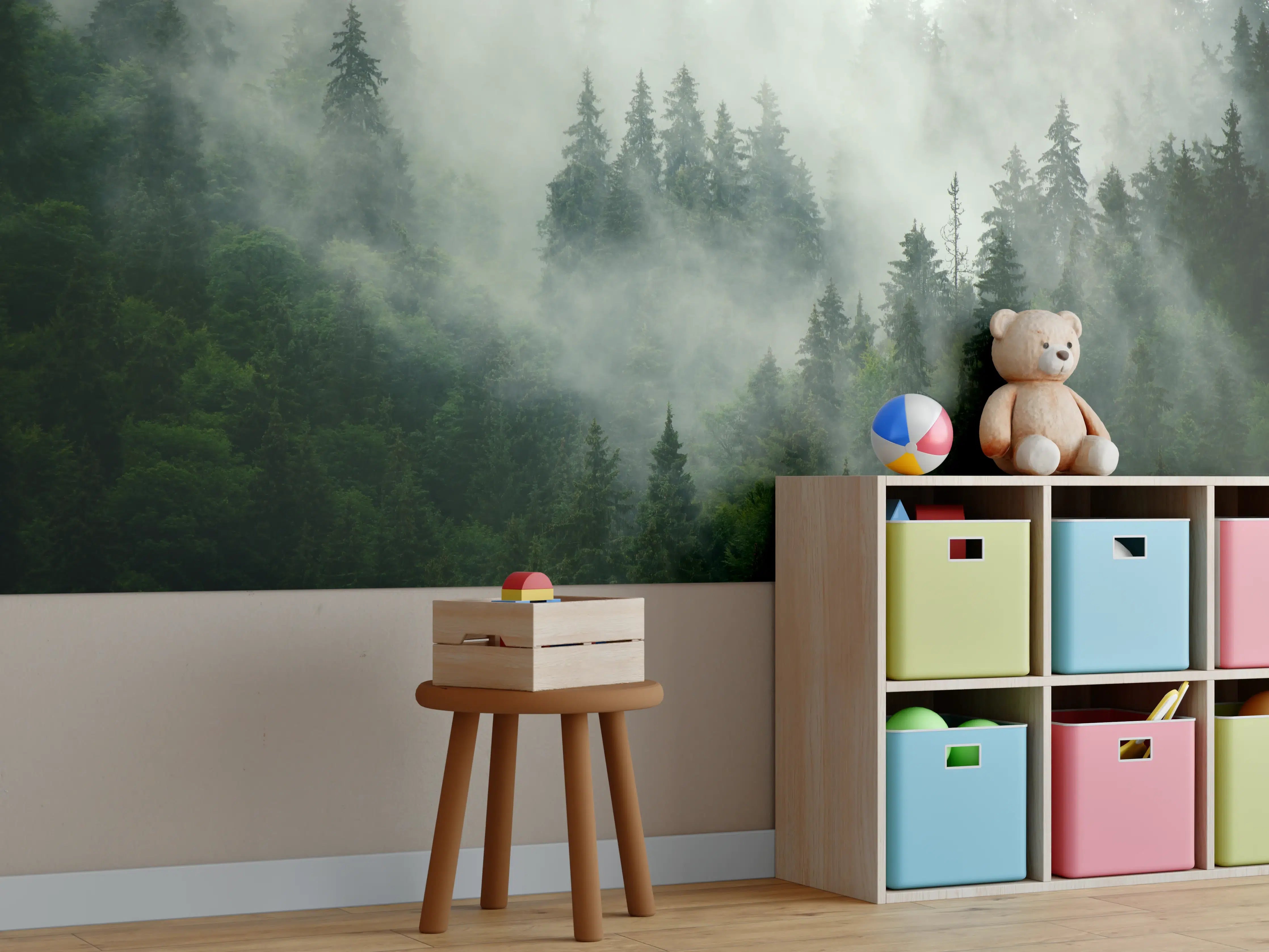 Kinderzimmer Wandgestaltung - neblige Waldlandschaft