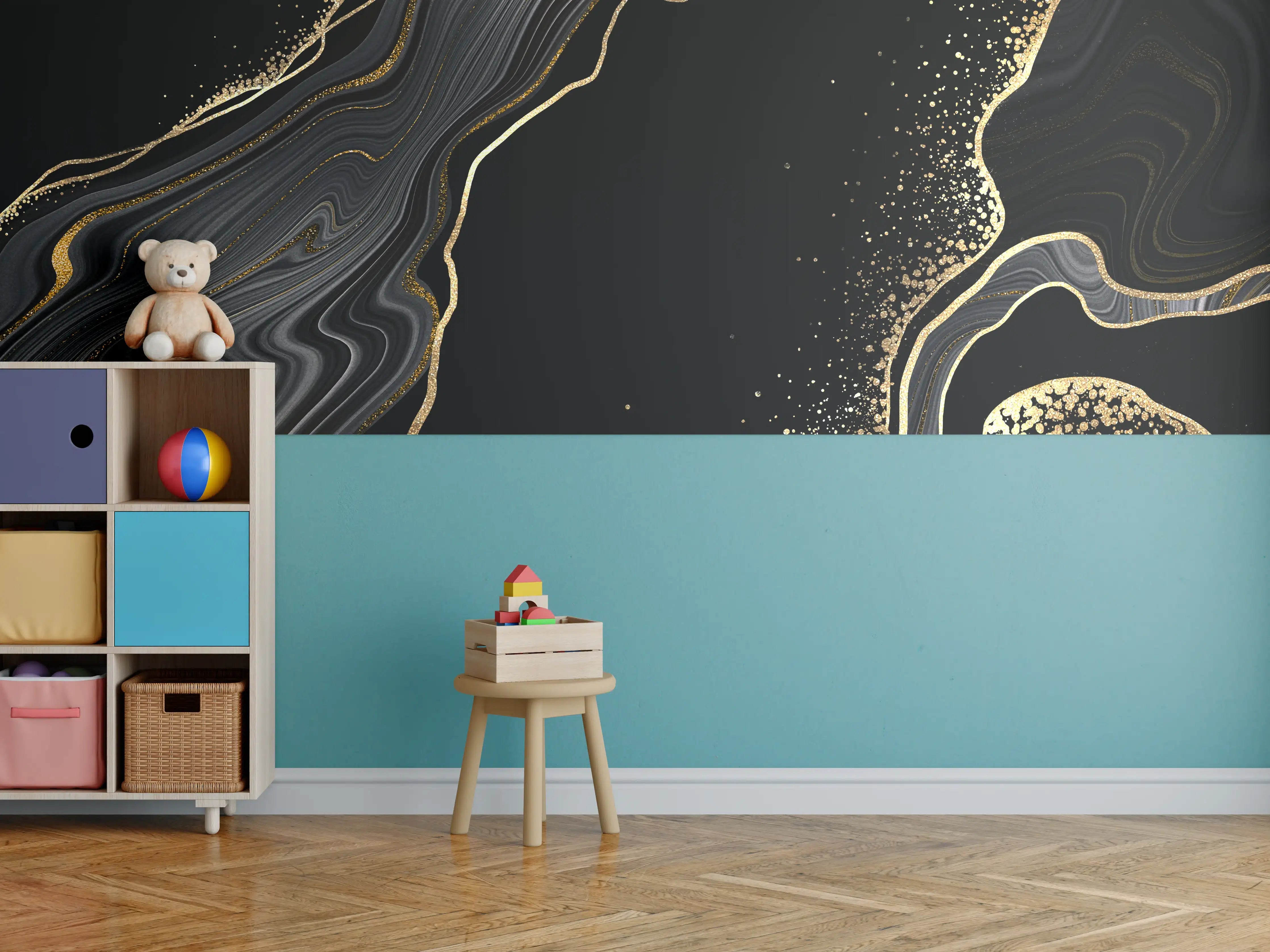 Kinderzimmer Wandgestaltung - schwarzer Achat Hintergrund mit goldenen Adern