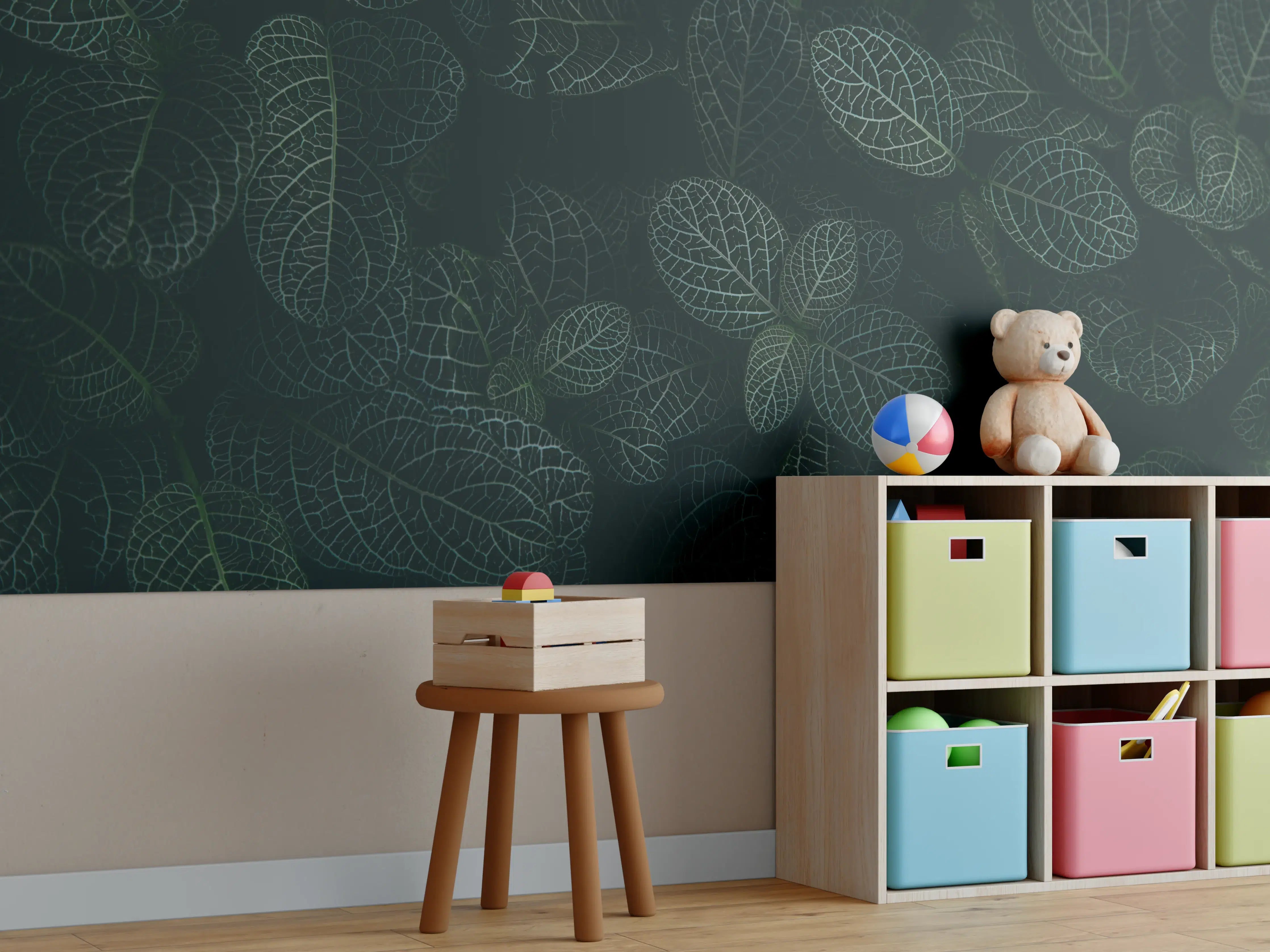 Kinderzimmer Wandgestaltung - tropische Blätter im Dschungel bei Nacht