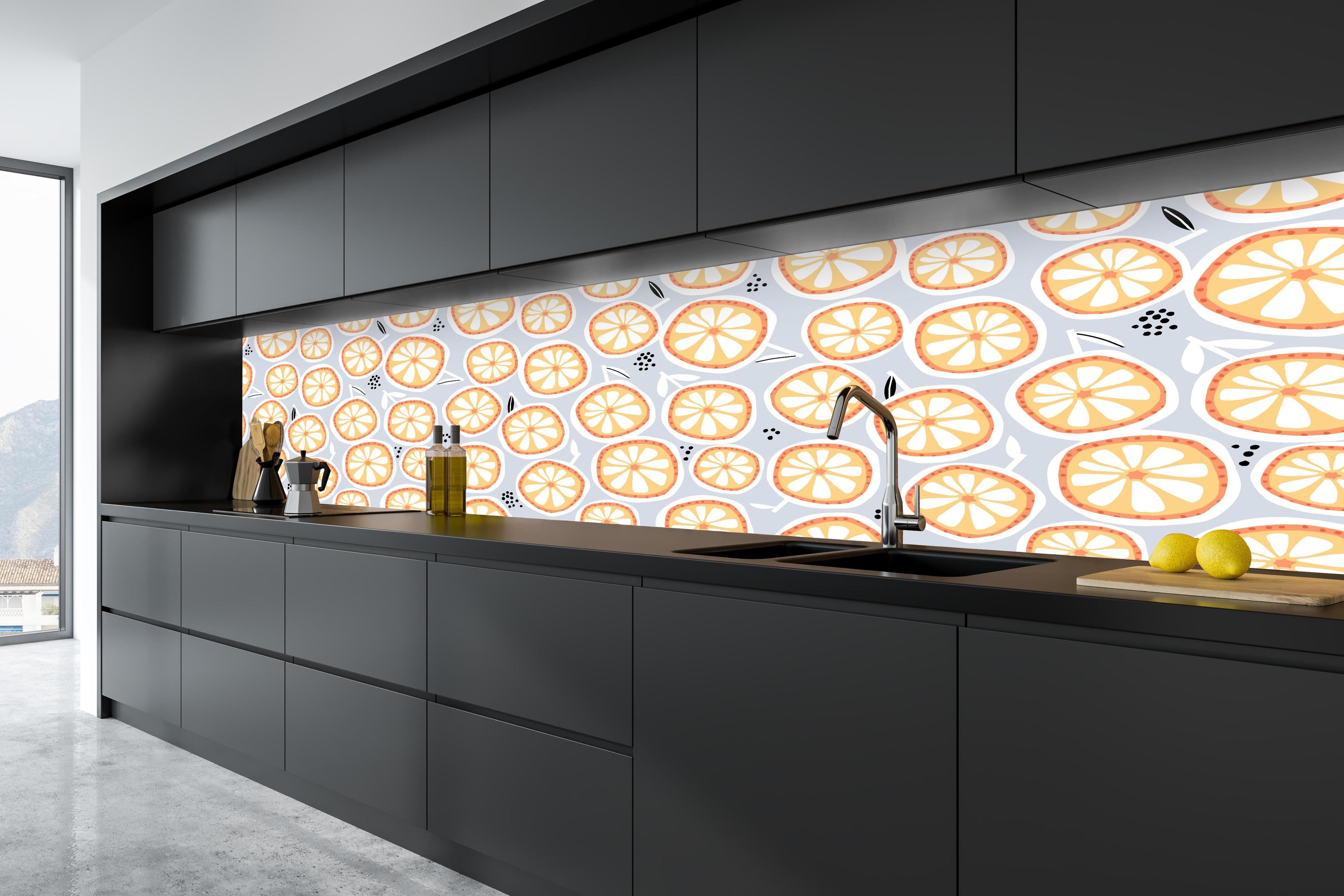 Küche - Citrus-Orange Küchenrückwand in tiefschwarzer matt-premium Einbauküche