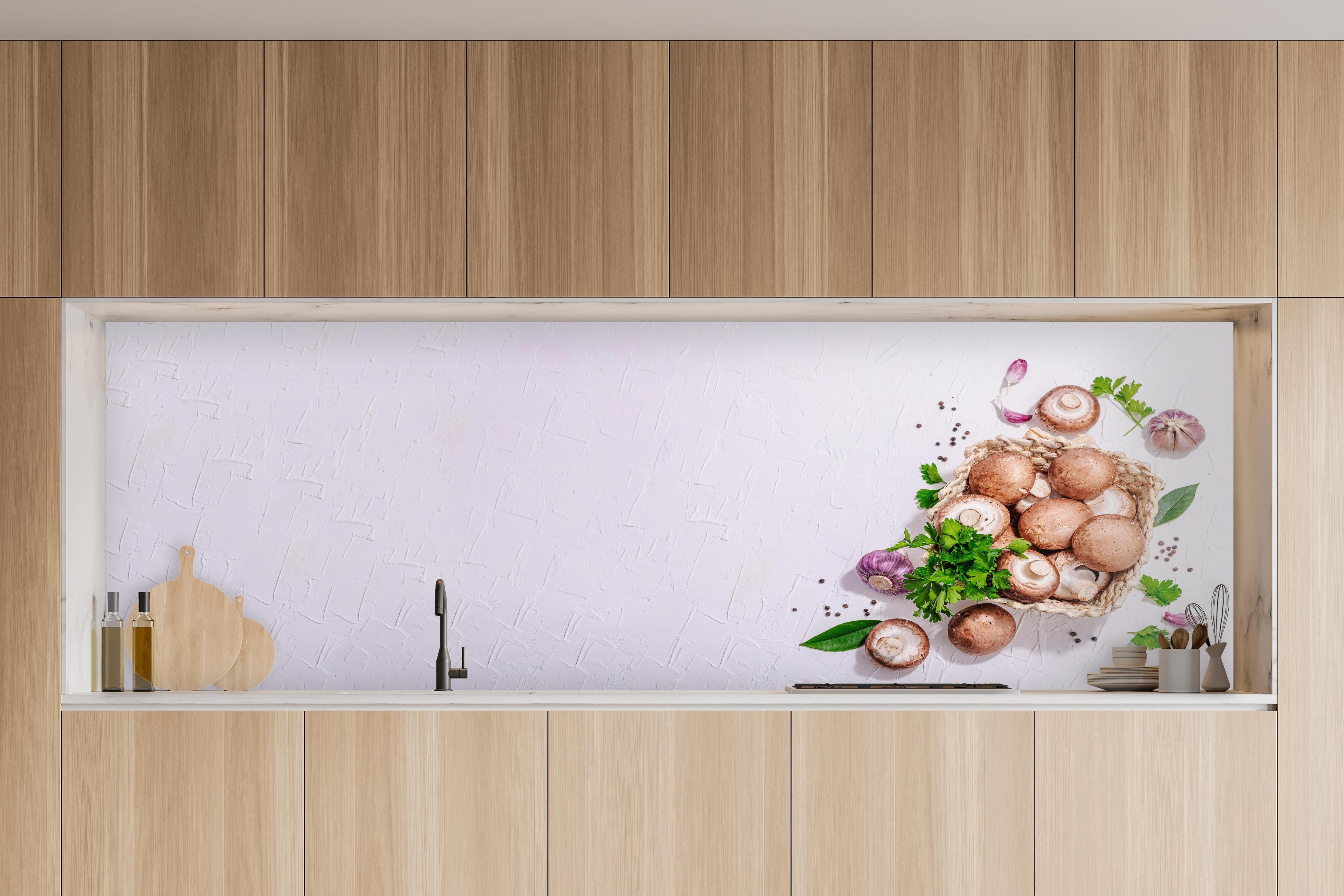 Küche - Weiße Champignon Küchenrückwand in charakteristischer Vollholz-Küche mit modernem Gasherd