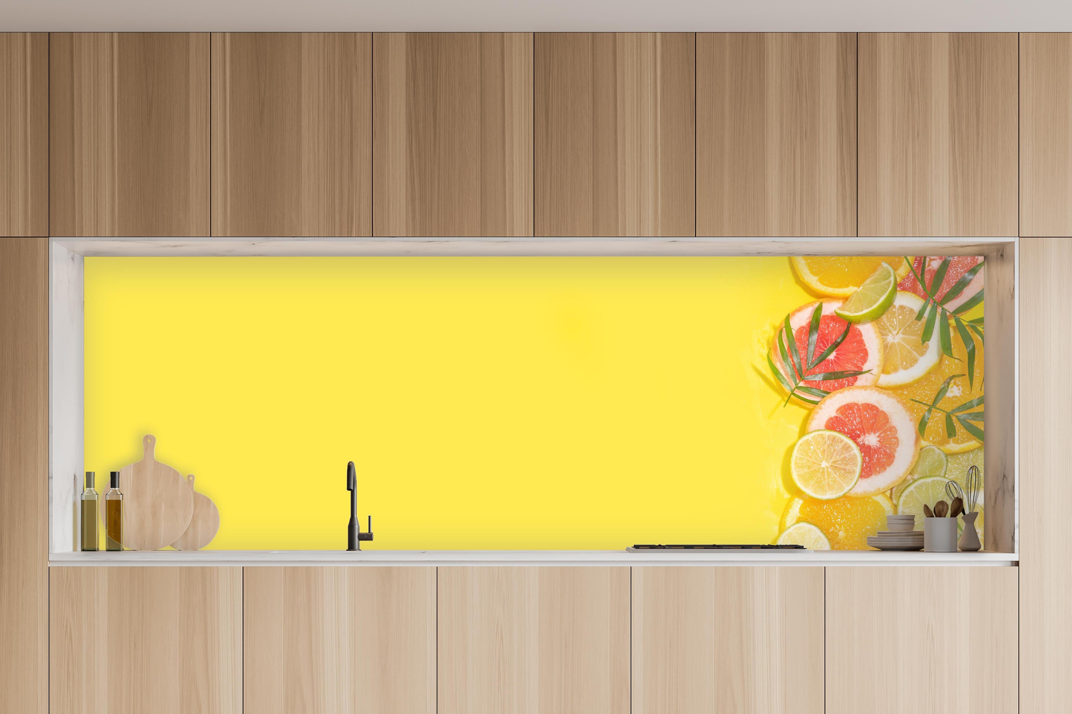 Küche - Zitrus-Küchenrückwand Gelb in charakteristischer Vollholz-Küche mit modernem Gasherd