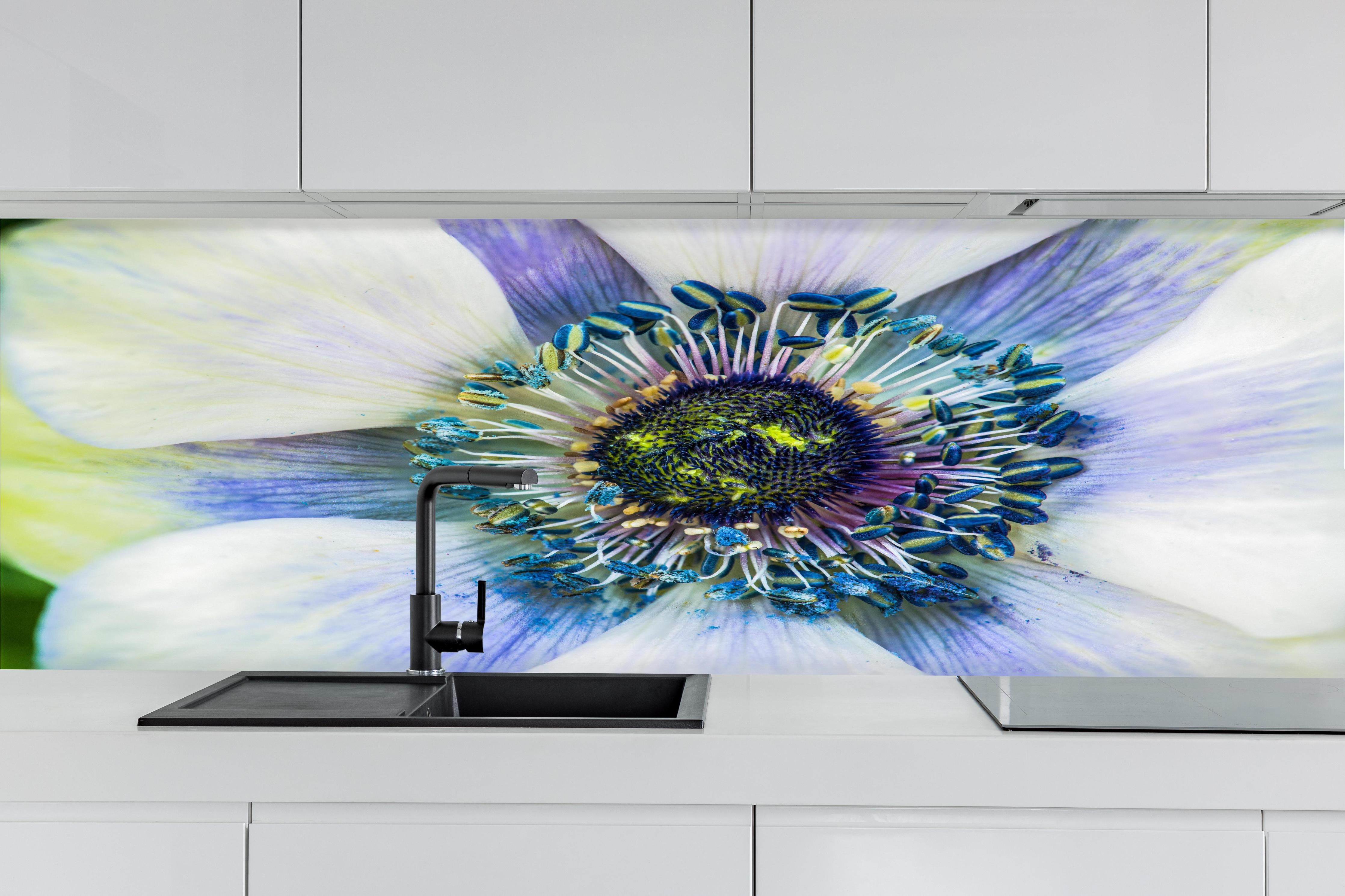 Küche - hübsche aufblühende Blume hinter weißen Hochglanz-Küchenregalen und schwarzem Wasserhahn