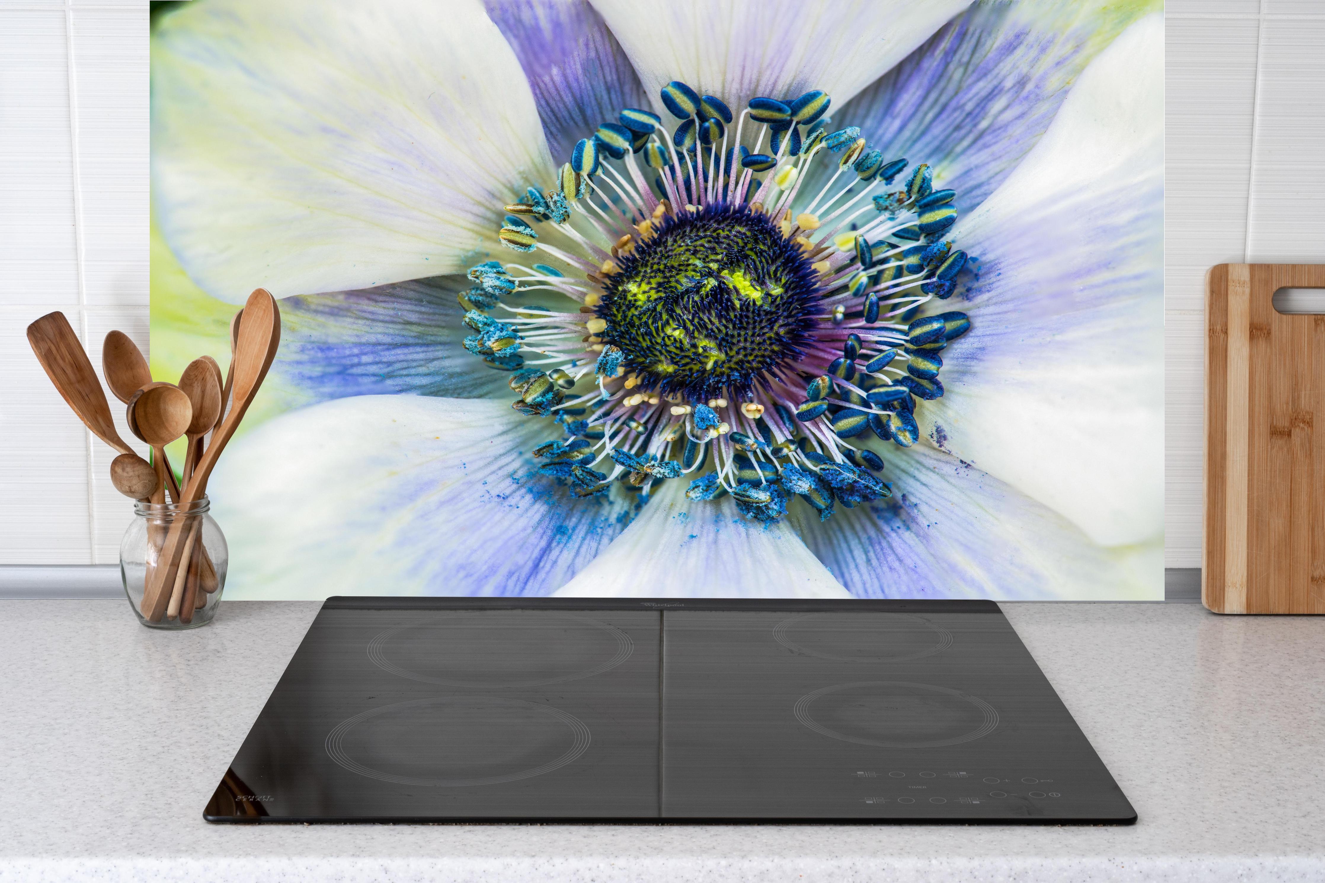 Küche - hübsche aufblühende Blume hinter weißen Hochglanz-Küchenregalen und schwarzem Wasserhahn