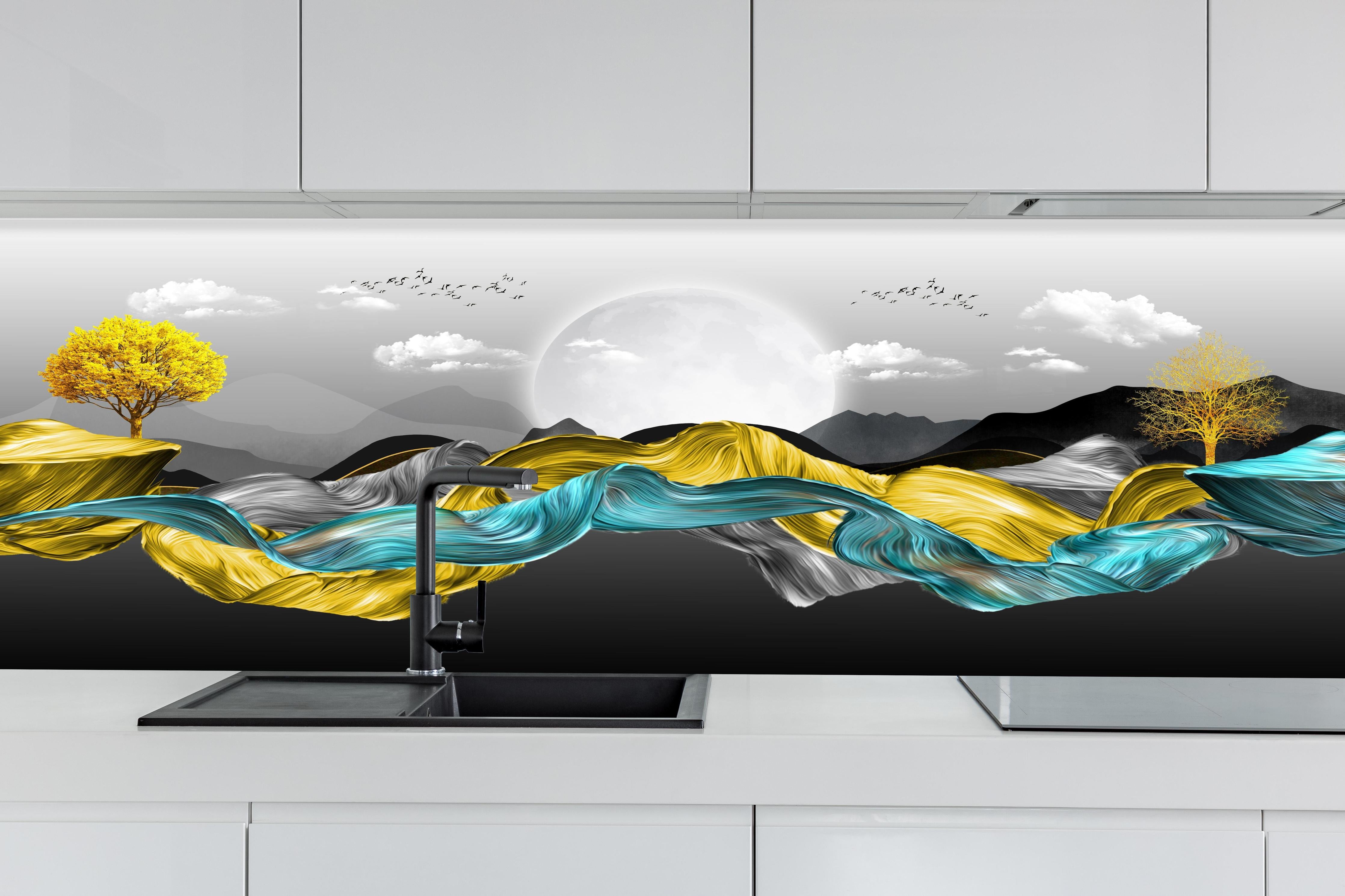 Küche - 3D Moderne Leinwand - Abstrakt hinter weißen Hochglanz-Küchenregalen und schwarzem Wasserhahn