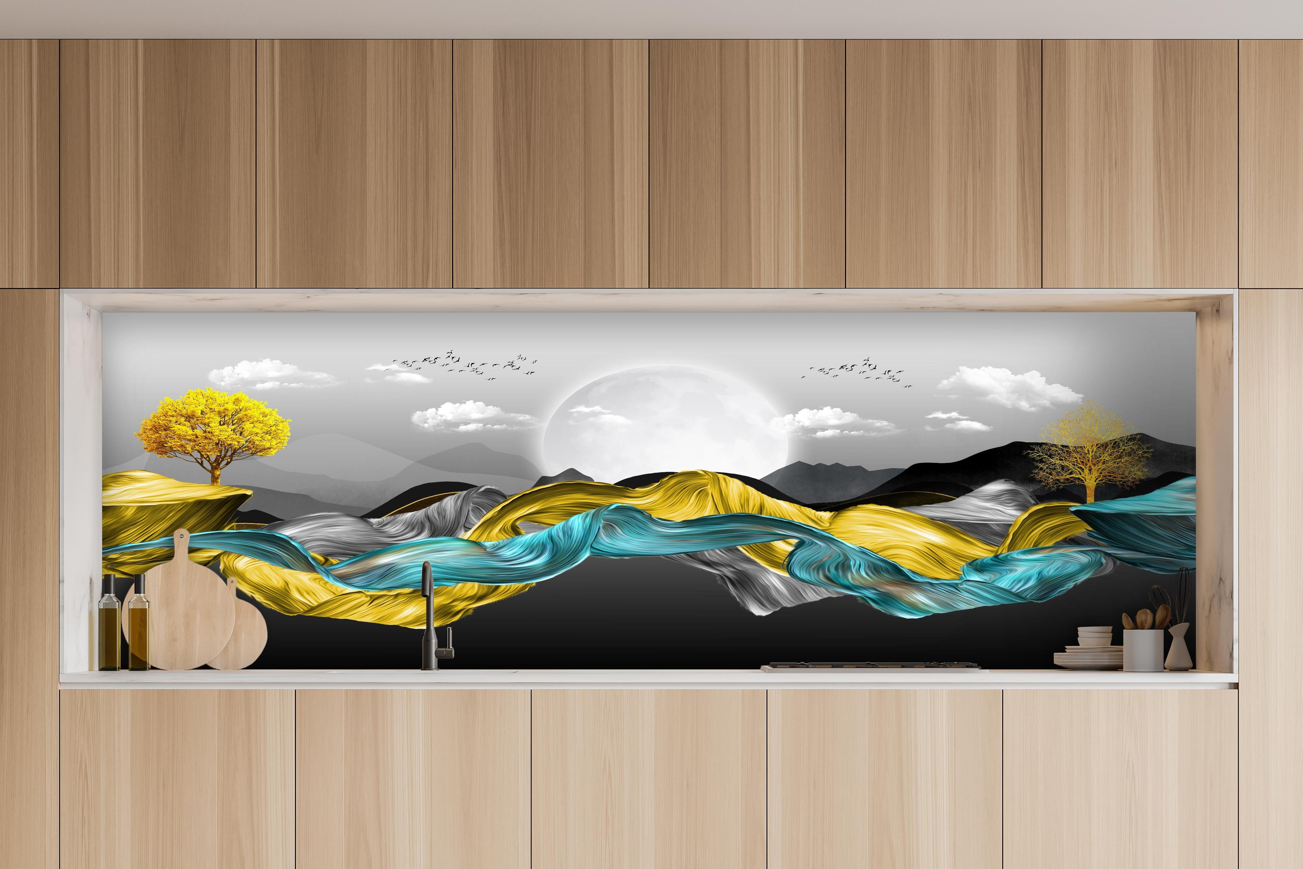 Küche - 3D Moderne Leinwand - Abstrakt hinter weißen Hochglanz-Küchenregalen und schwarzem Wasserhahn