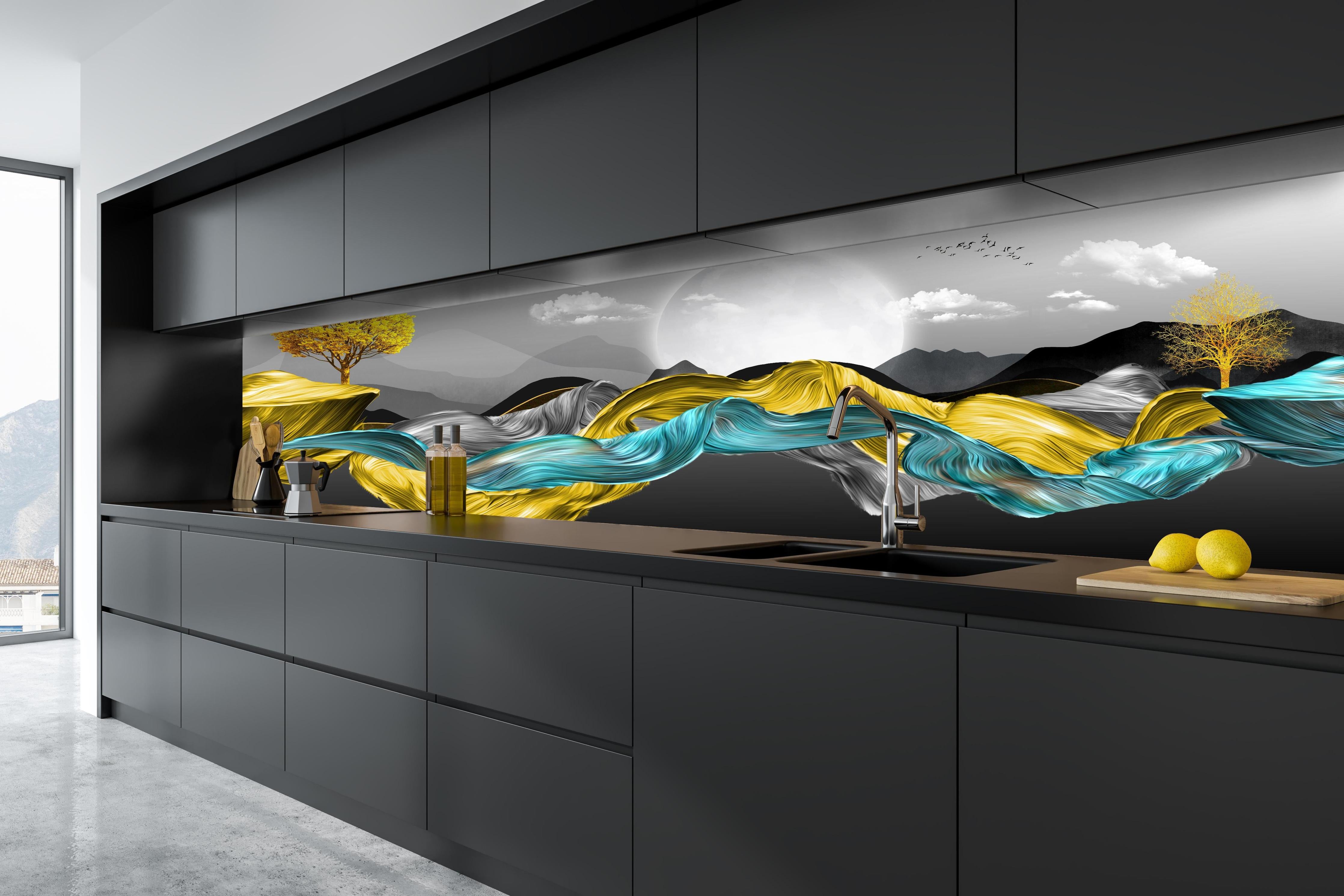 Küche - 3D Moderne Leinwand - Abstrakt hinter weißen Hochglanz-Küchenregalen und schwarzem Wasserhahn