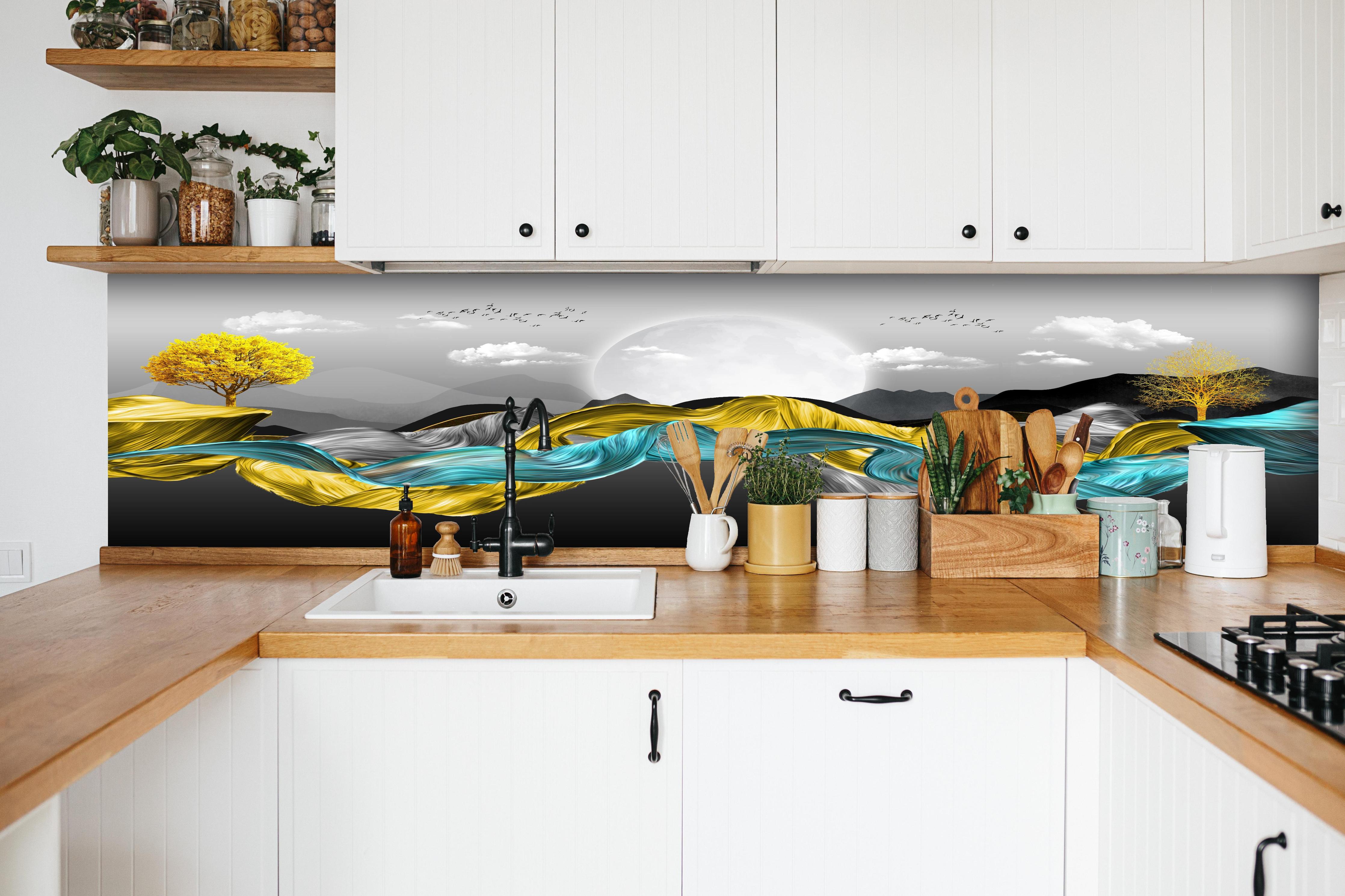 Küche - 3D Moderne Leinwand - Abstrakt hinter weißen Hochglanz-Küchenregalen und schwarzem Wasserhahn