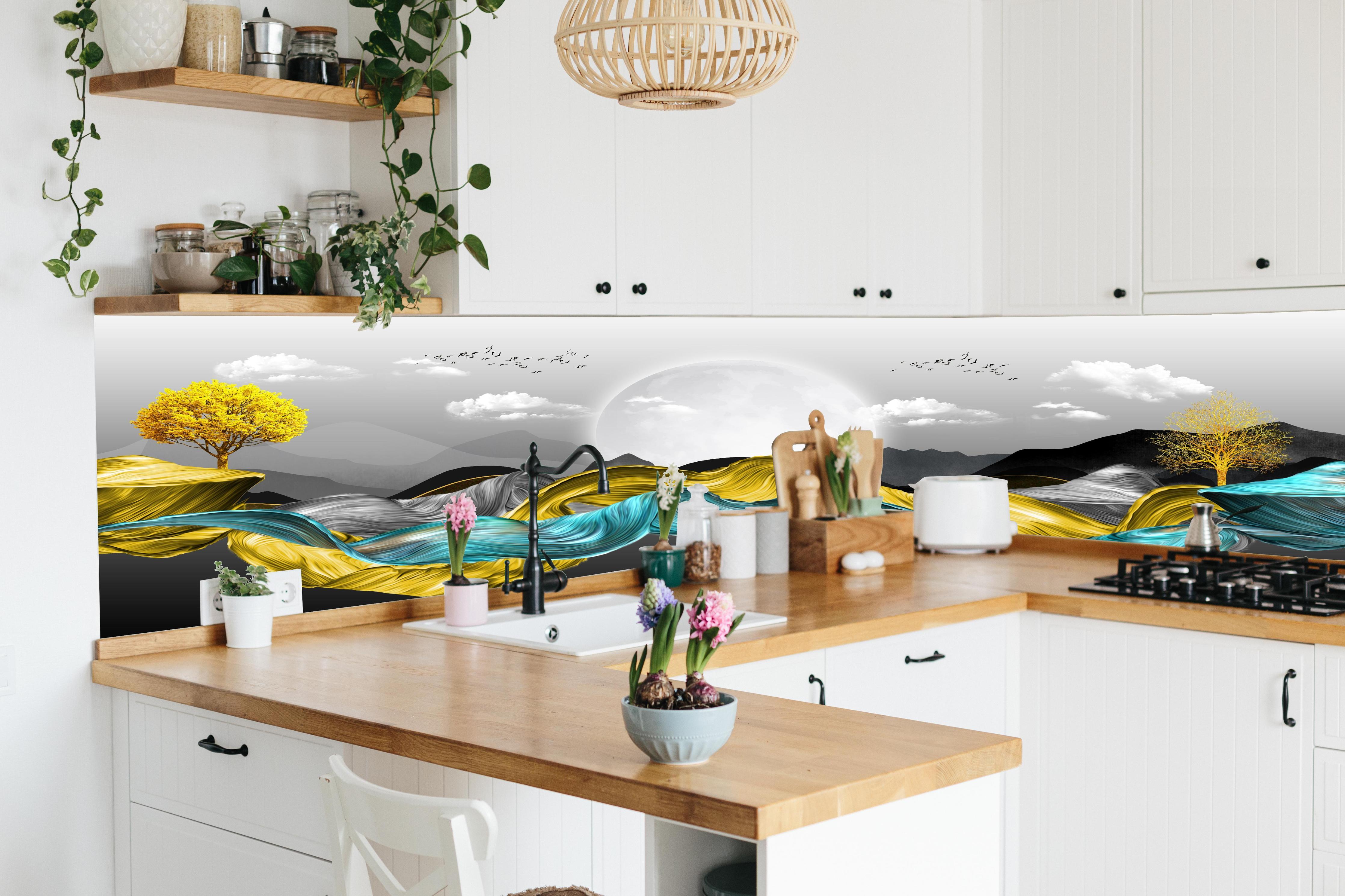 Küche - 3D Moderne Leinwand - Abstrakt hinter weißen Hochglanz-Küchenregalen und schwarzem Wasserhahn