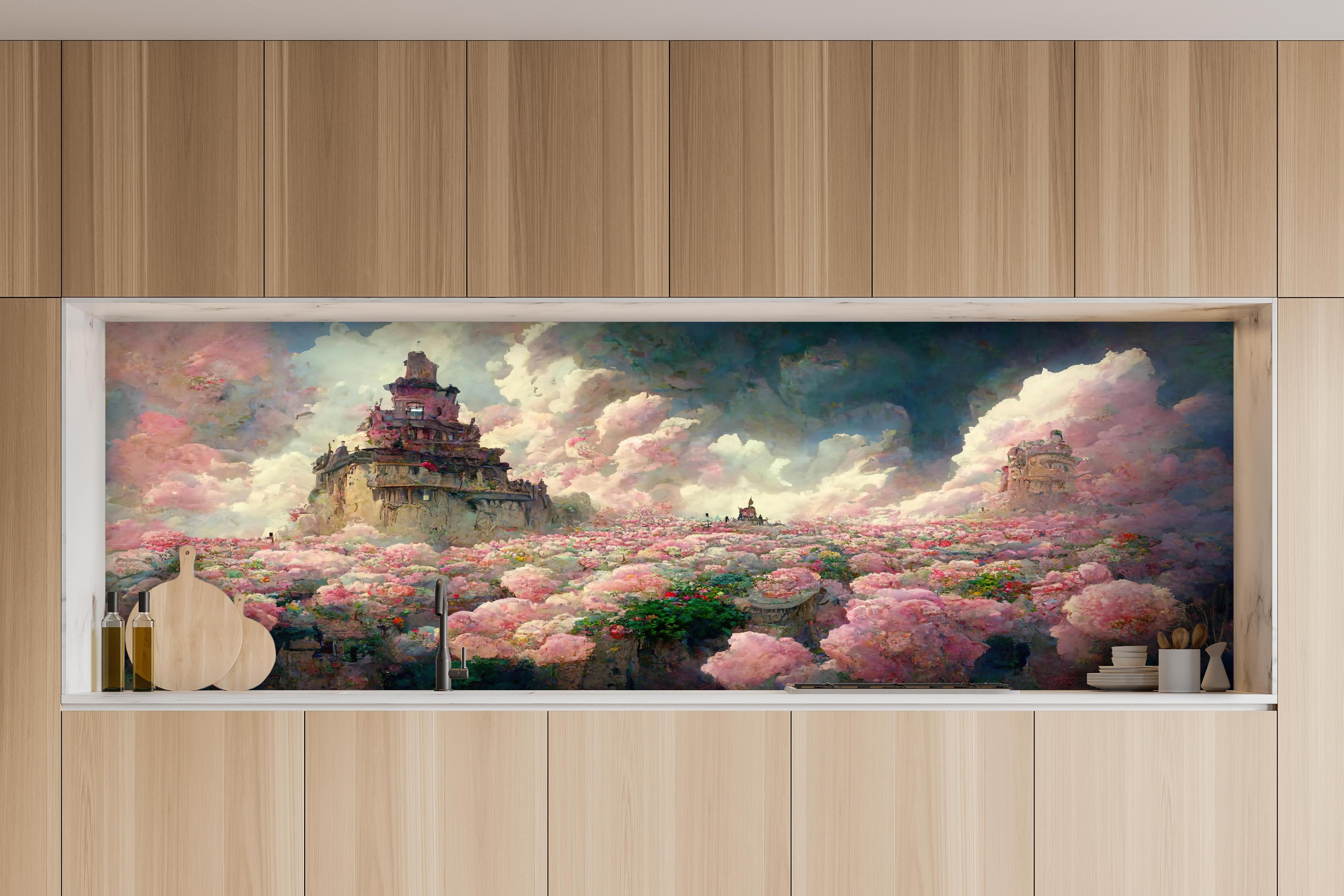 Küche - Abenteuerlicher Tempel bei sonnenuntergang hinter weißen Hochglanz-Küchenregalen und schwarzem Wasserhahn